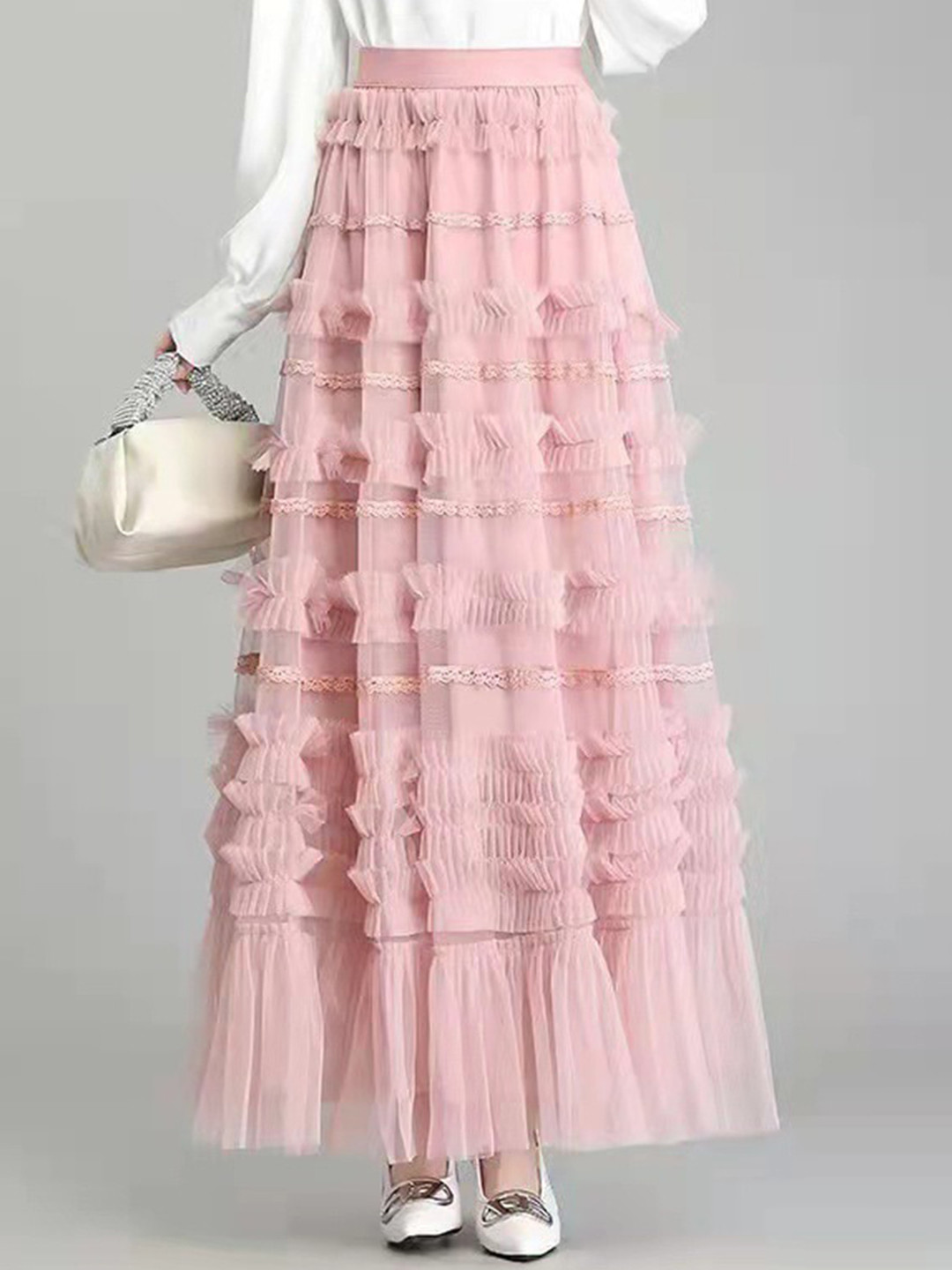 StyleCast Pink Self Design Ruffles Maxi Flared Balloon Skirt