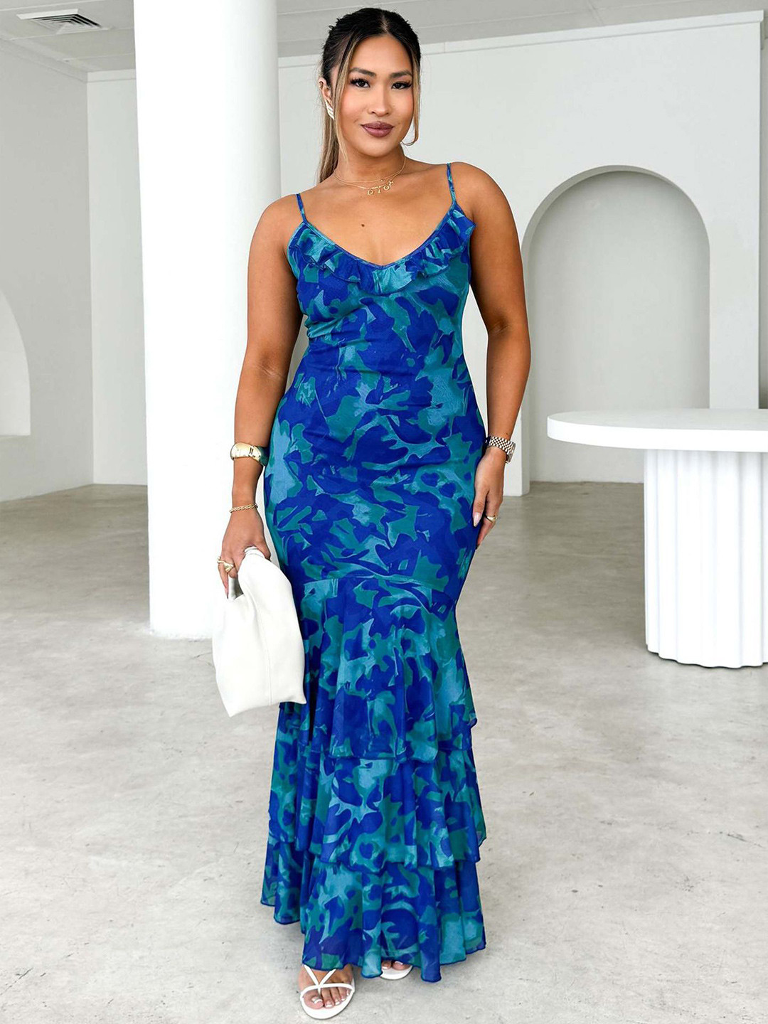 Blue Tropical Abstract Print Sleeveless Maxi Dress