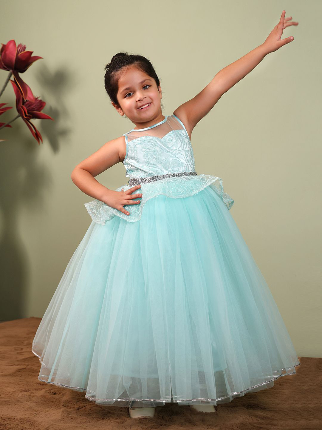 Toy Balloon Kids Girls Blue Round Neck Fit and Flare Net Maxi Dress