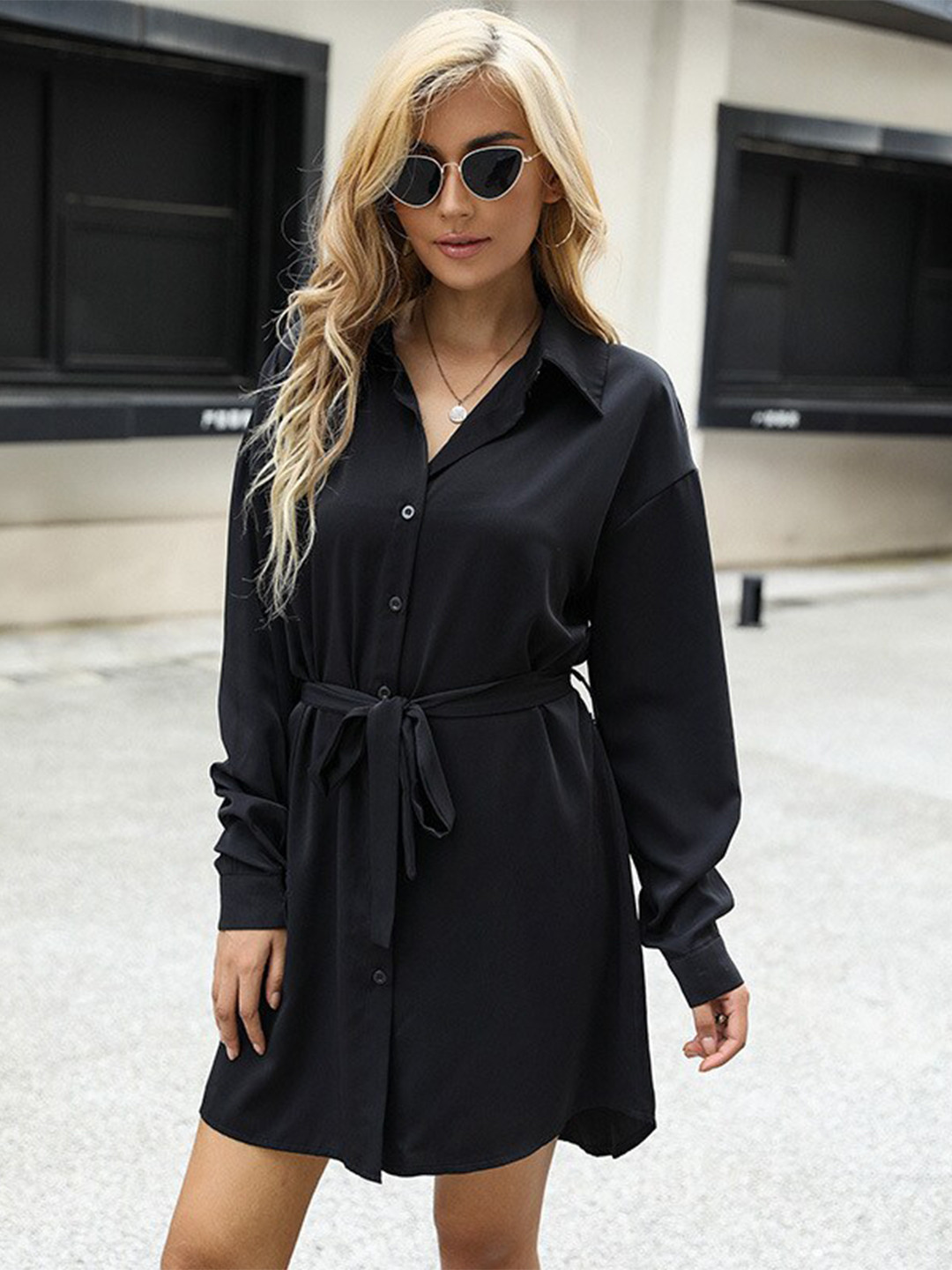 StyleCast Black Shirt Style Cuffed Sleeves Midi Dress