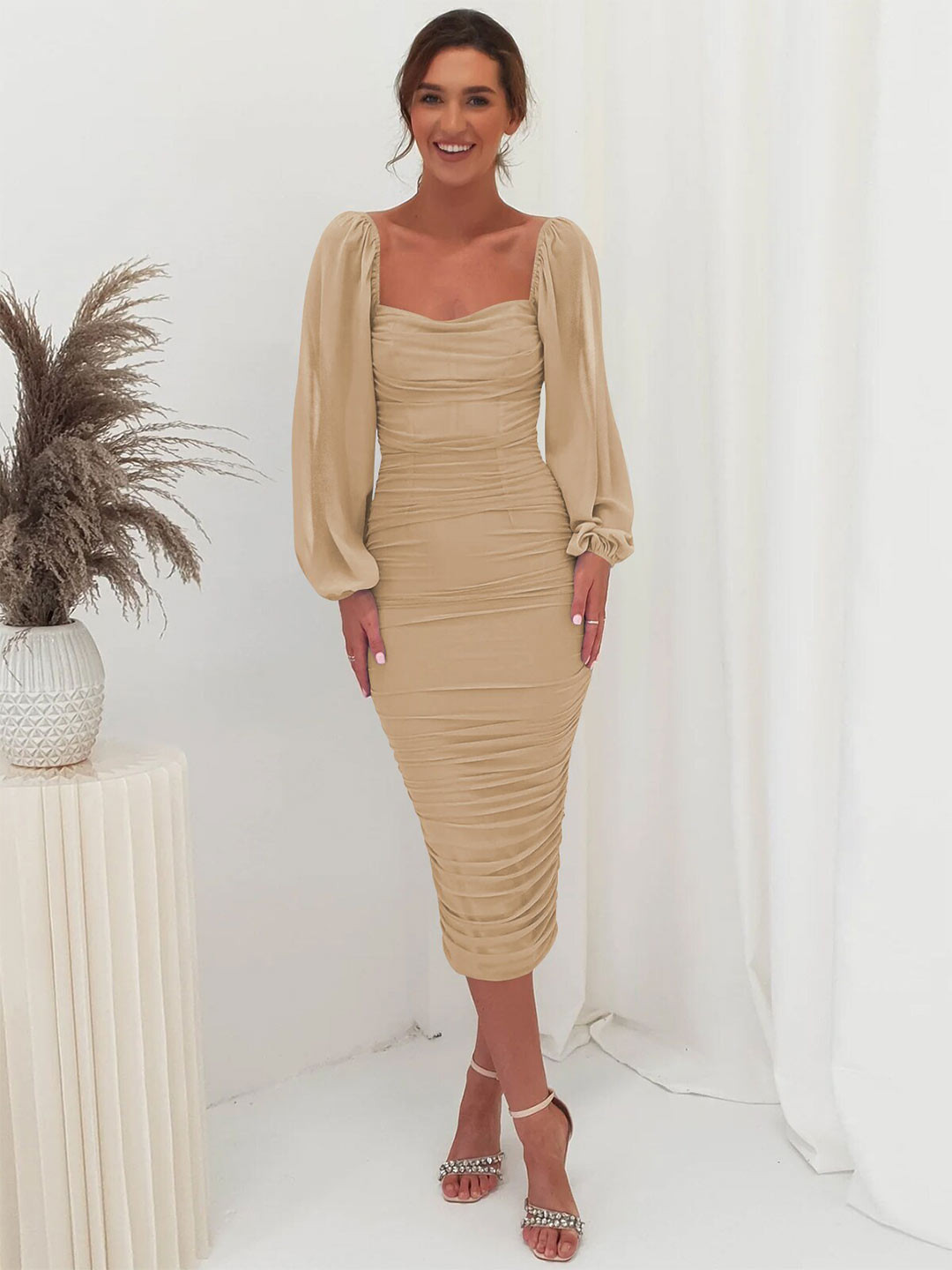StyleCast Beige Square Neck Puff Sleeves Ruched Bodycon Dress