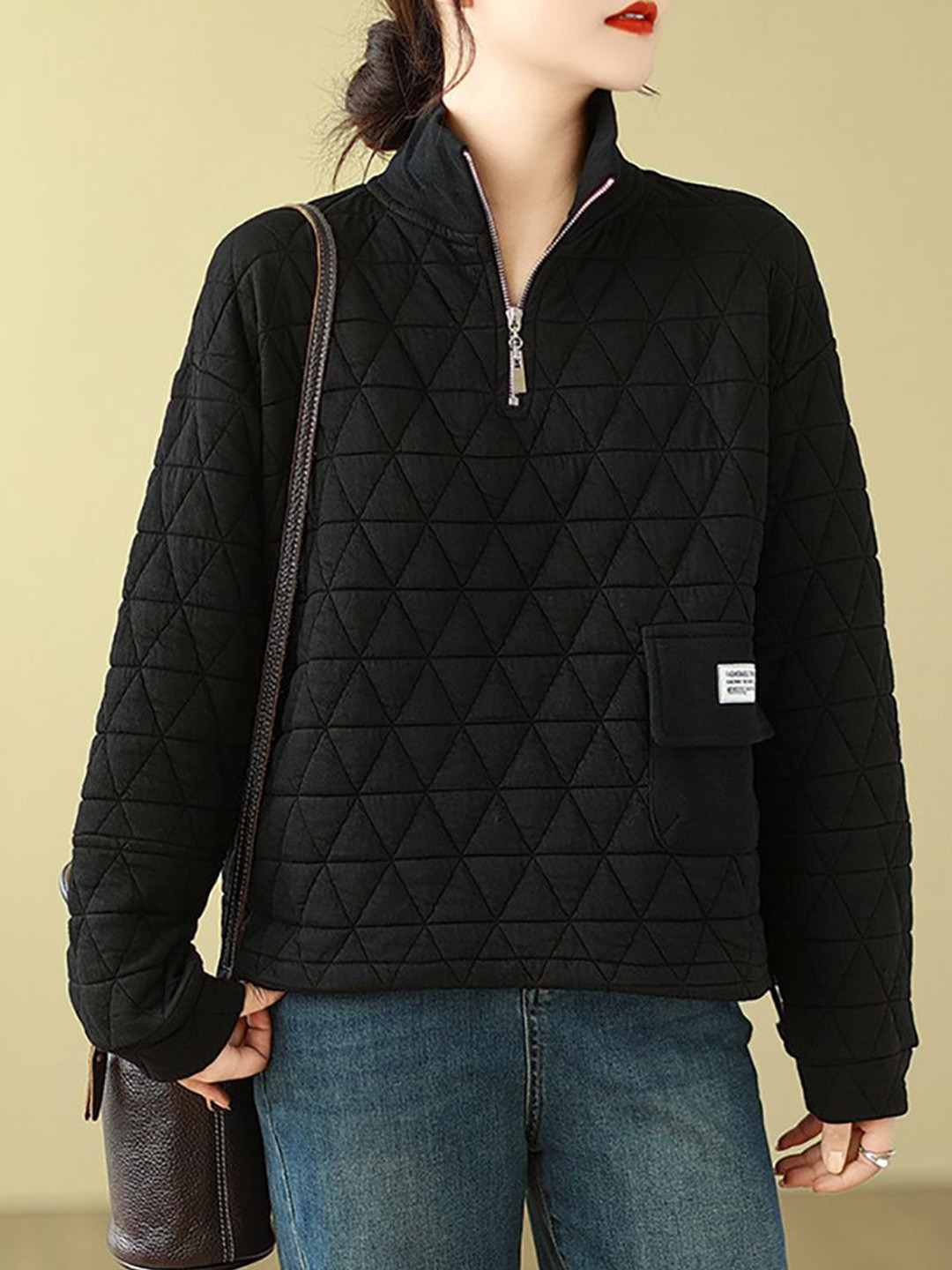 Black Self Design Mock Collar Half Zipper Sweatshirt