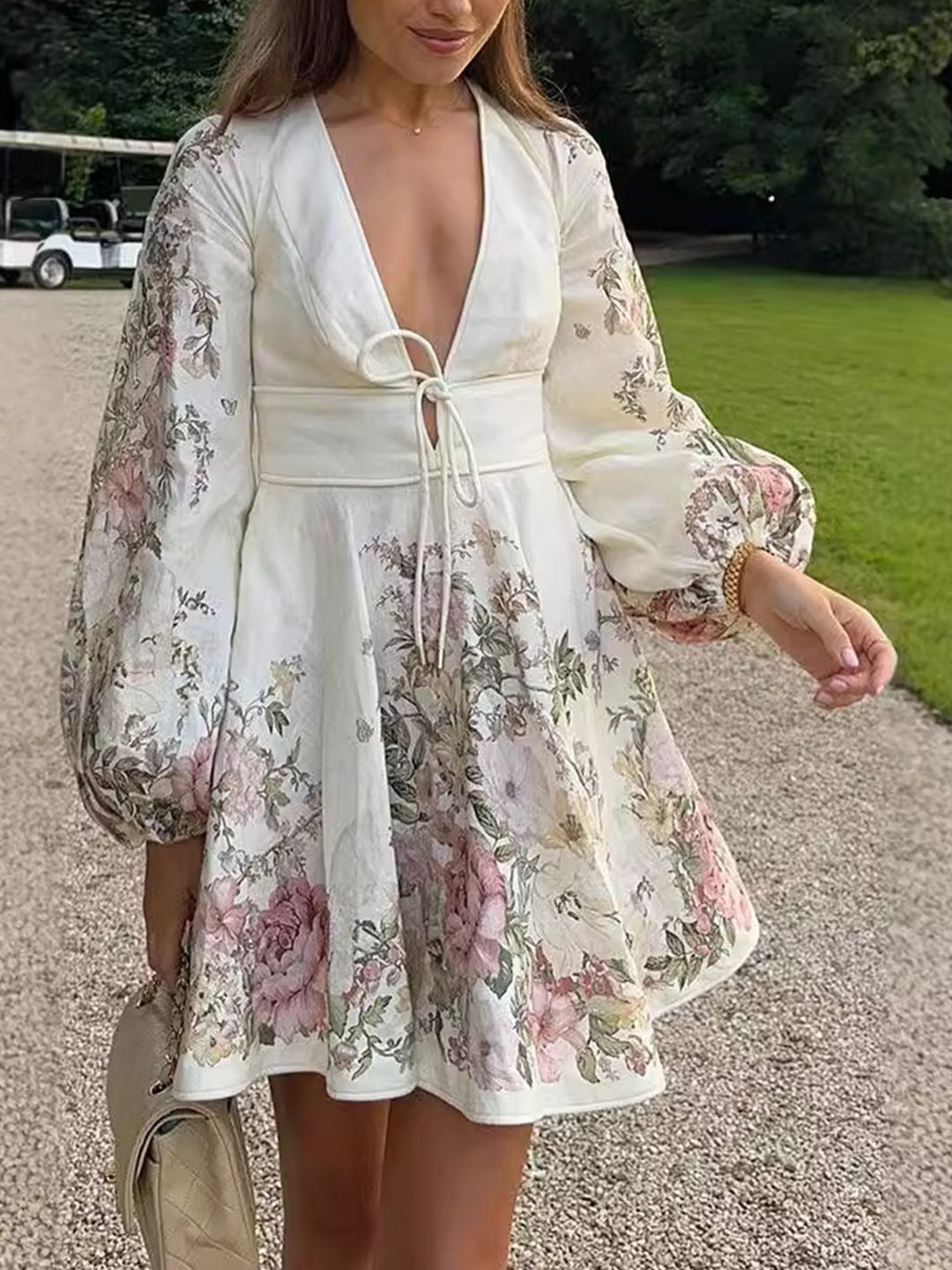 bebe Floral Print Plunge Neck Puff Sleeve Fit & Flare Mini Dress