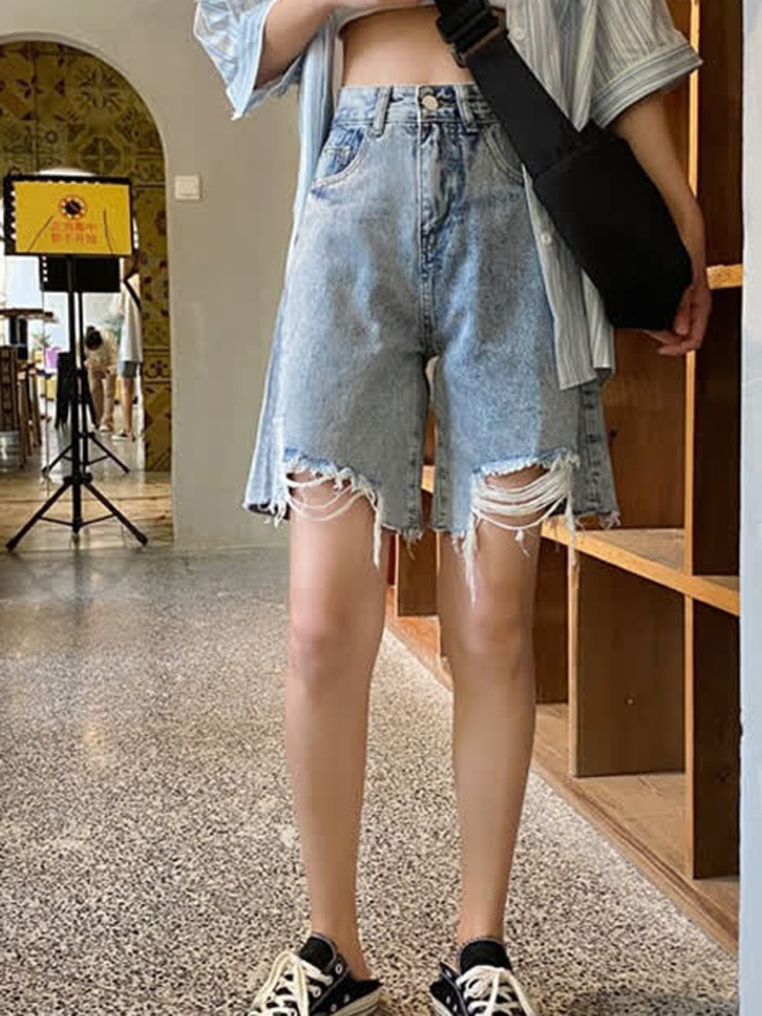 LULU & SKY Women Washed Distressed Slim Fit High-Rise Denim Shorts