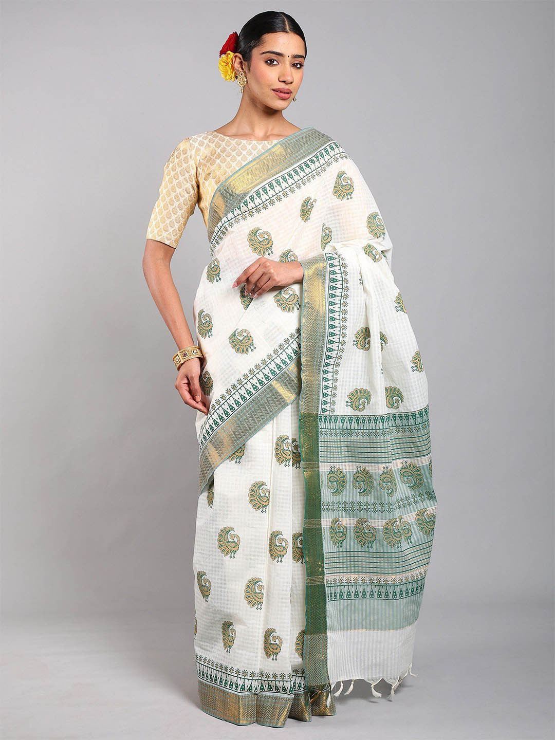 Exotic India Peacock Printed Cotton Saree from Telangana with Check Weave and Zari Border