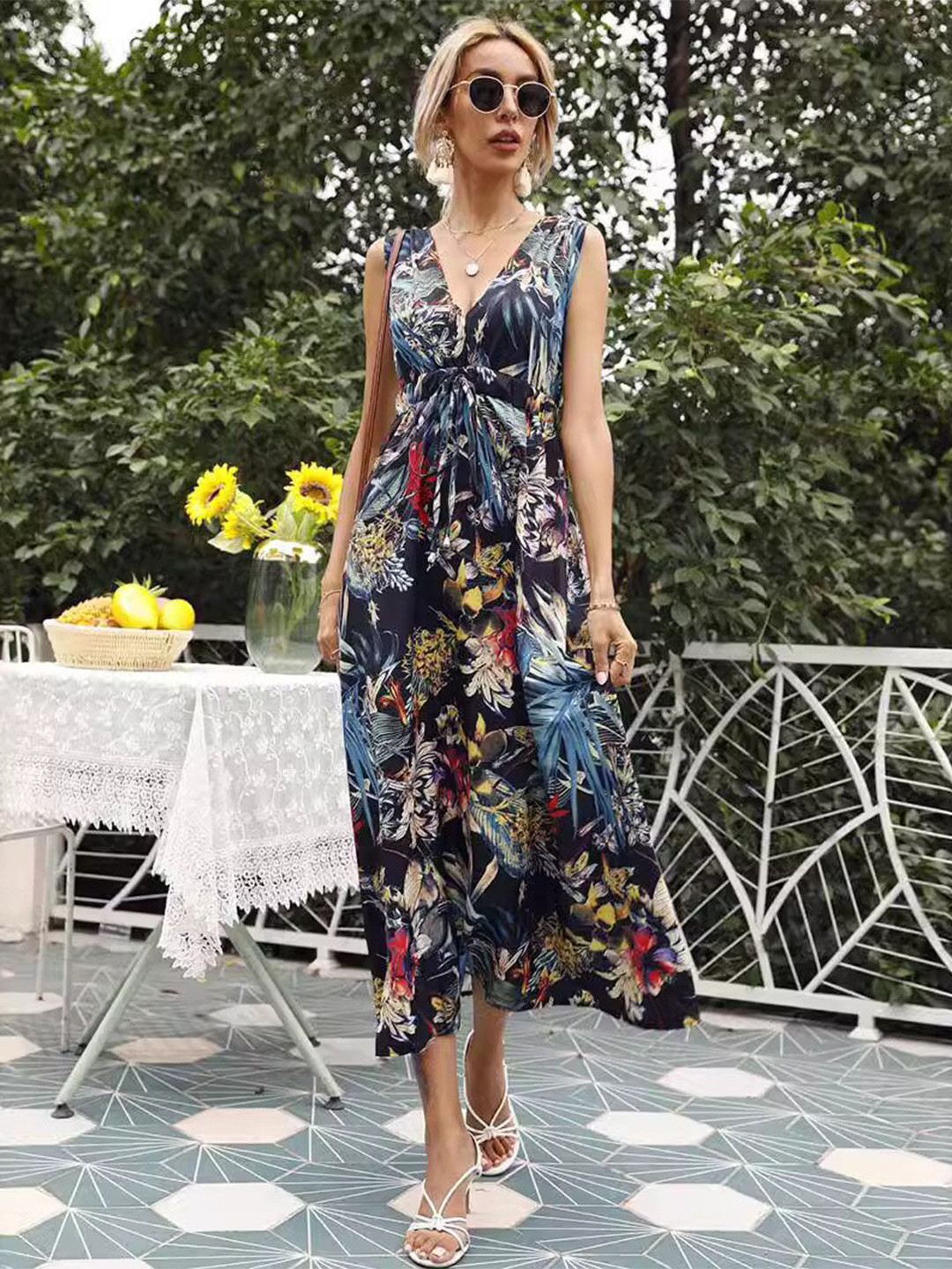 StyleCast Navy Blue Floral Printed Tie-Ups Midi Fit & Flare Dress