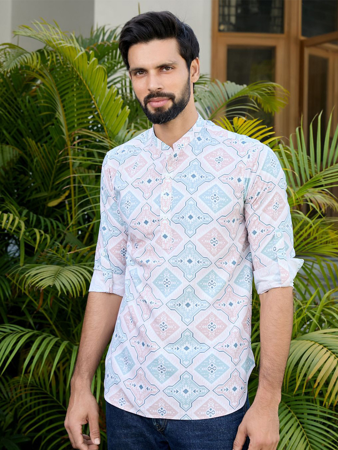 See Designs Ethnic Motifs Printed Mandarin Collar Roll-Up Sleeves Straight Short Kurta