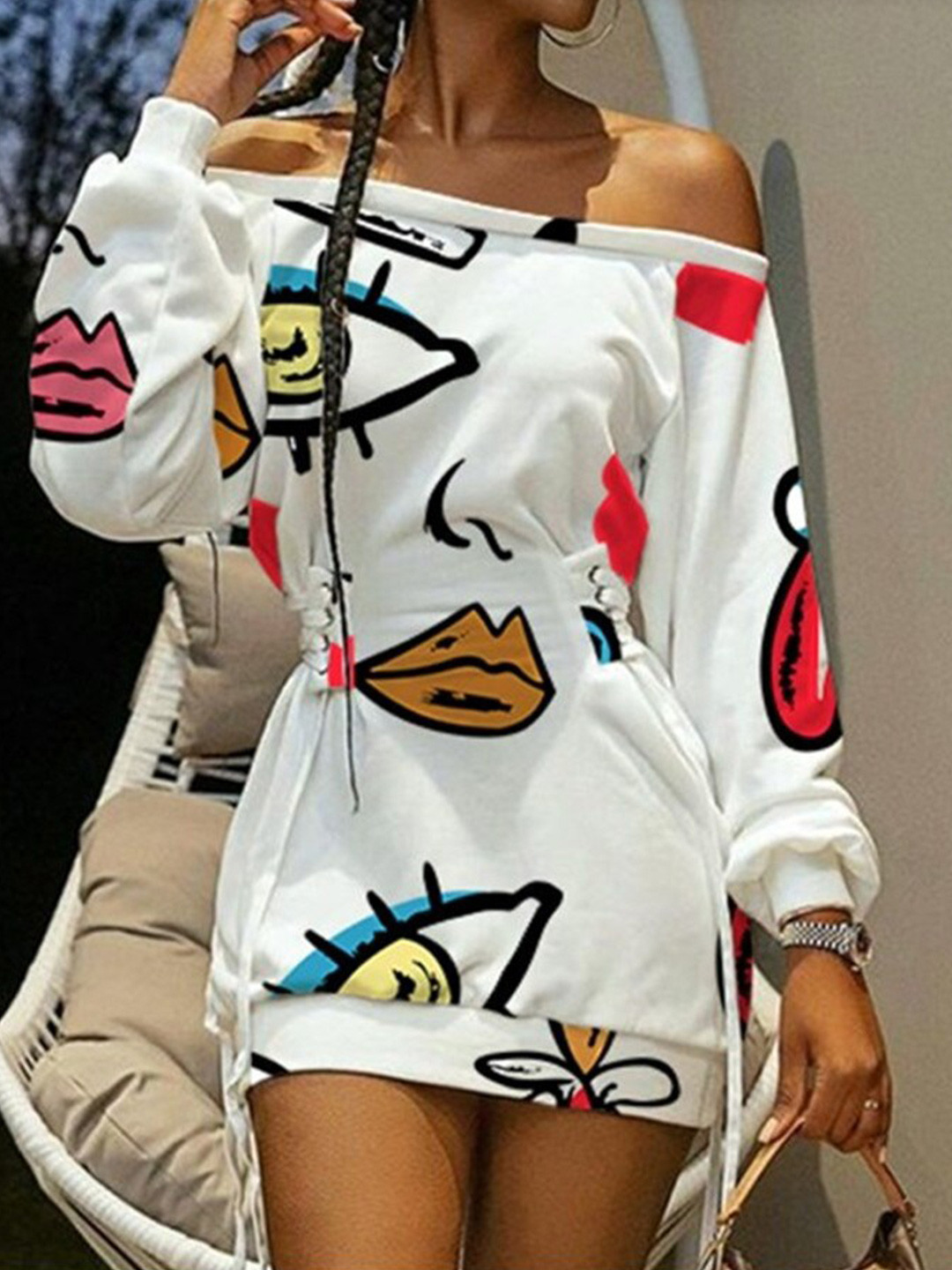 StyleCast White Graphic Printed Off Shoulder Sheath Mini Dress