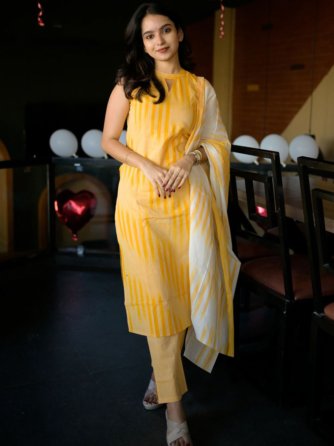 GoSriKi Striped Key Hole Neck Kurta With Trousers & Dupatta