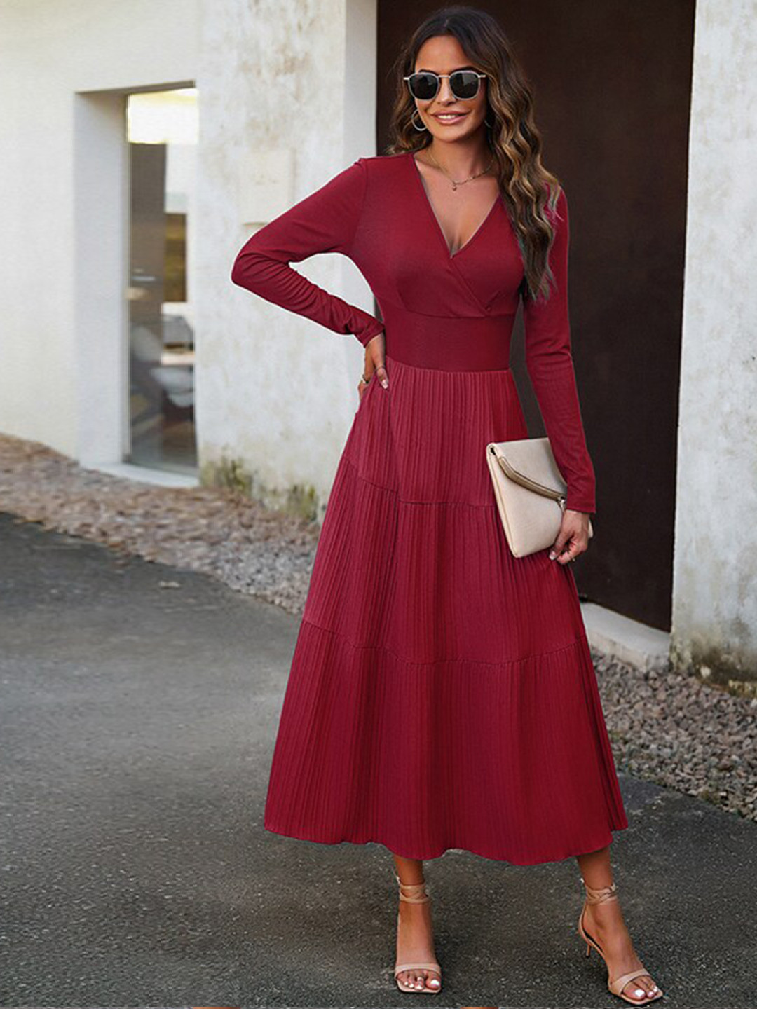 StyleCast Red Long Sleeves Fit & Flare Midi Dress