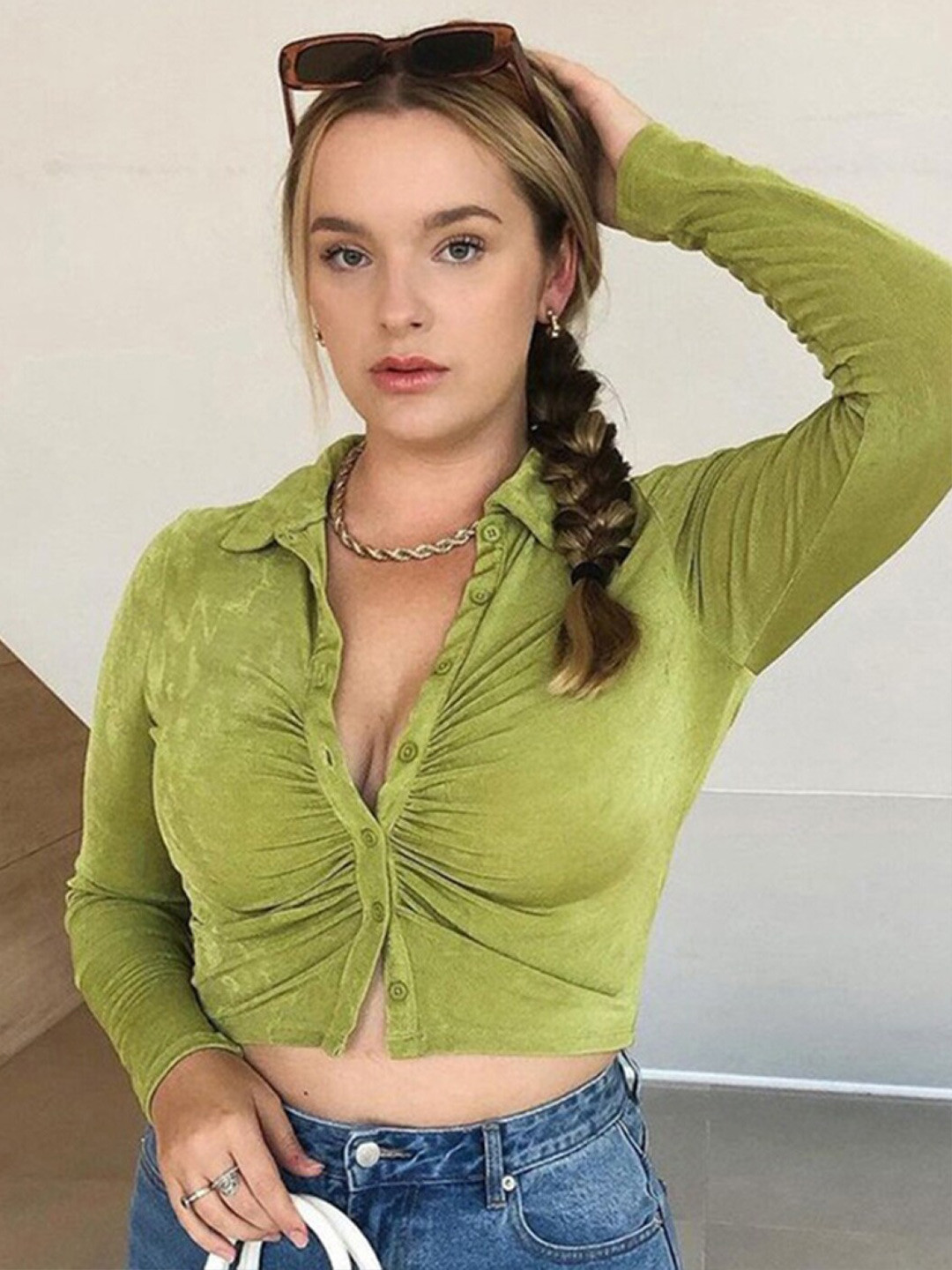 StyleCast Green Shirt Style Crop Top