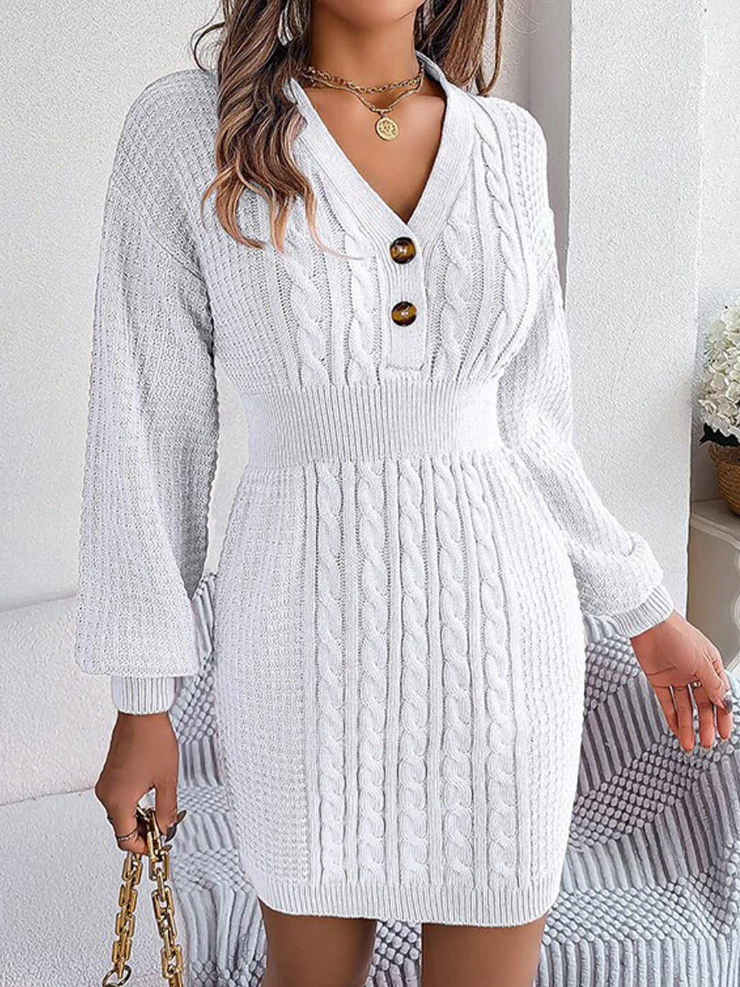 White Cable Knit V-Neck Long Sleeve Mini Sweater Dress