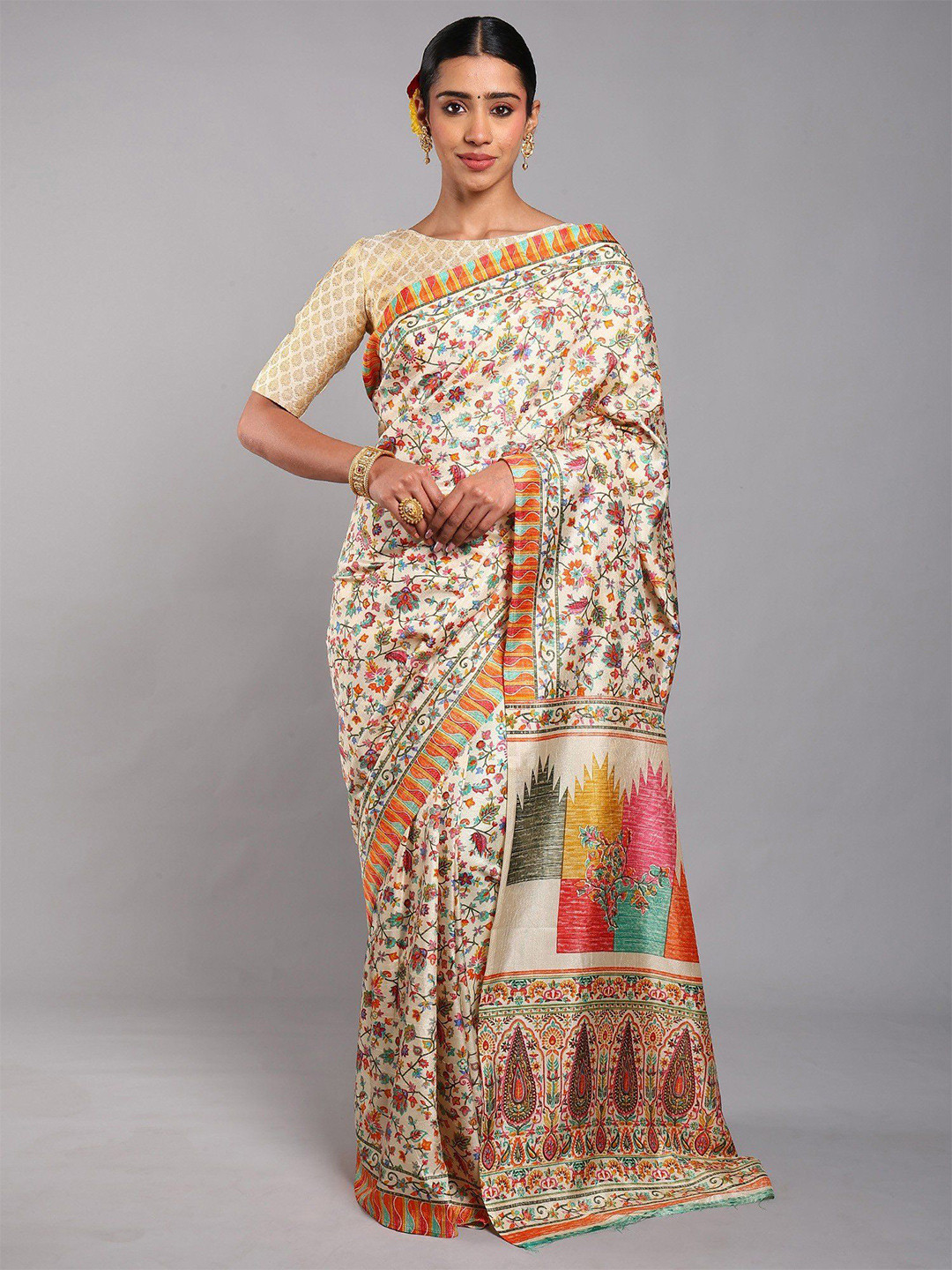 Exotic India Women Kani Saree with Printed Multicolor Floral Paisley Vines