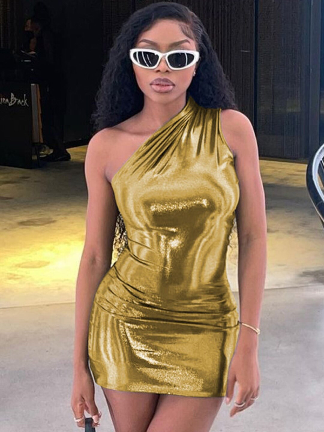 StyleCast Gold Toned One Shoulder Bodycon Mini Dress