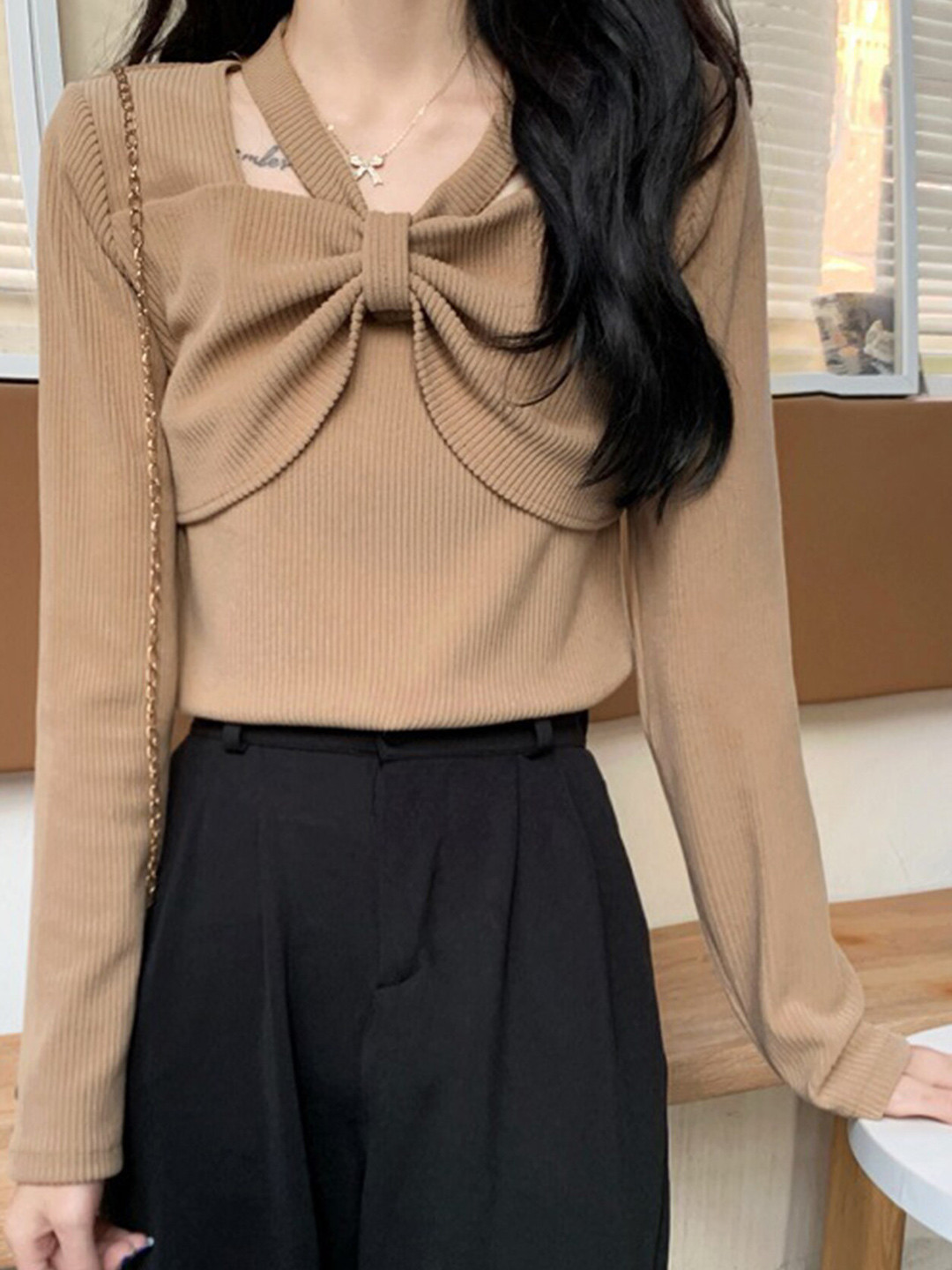LULU & SKY V-Neck Ribbed Bow Tie Top
