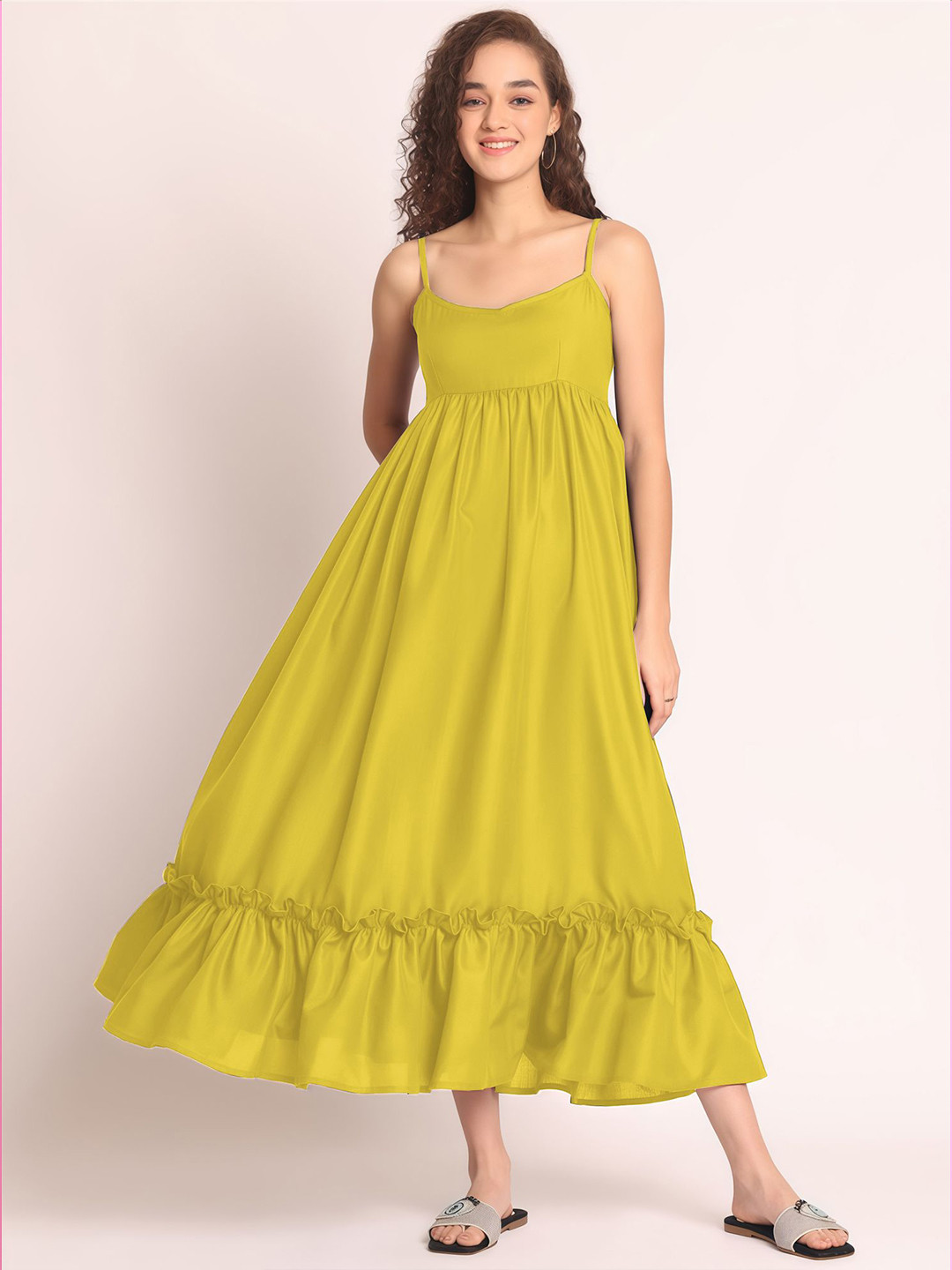 Aoba Women Green Solid Linen Empire Midi Dress