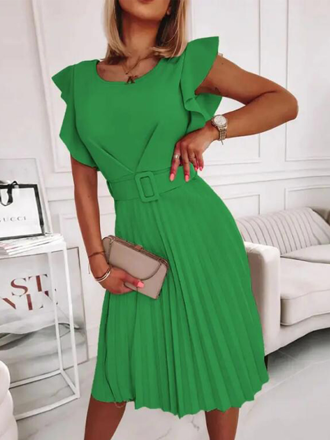 StyleCast Green Flutter Sleeve Accordion Pleats A-Line Dress