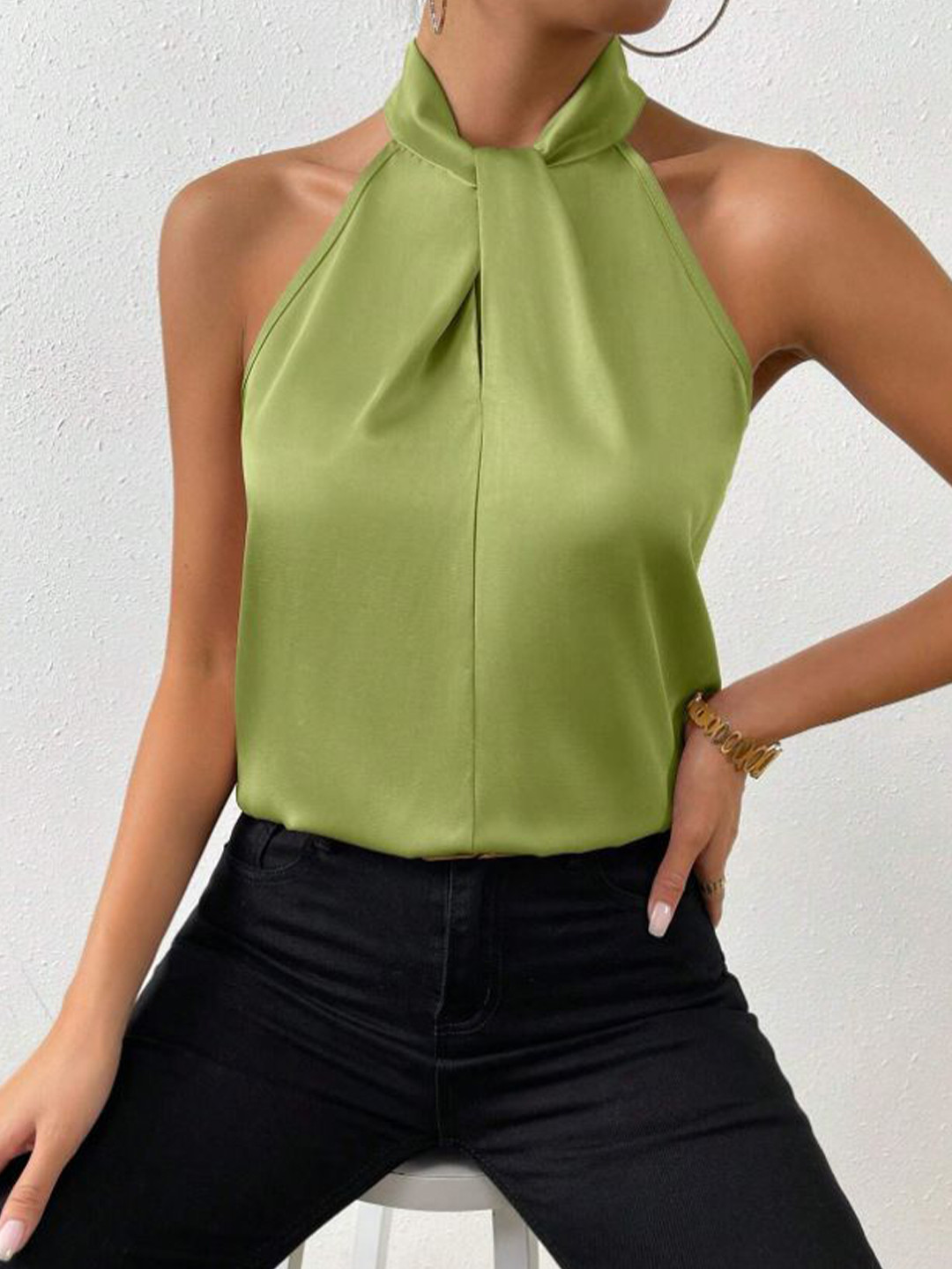 StyleCast Women Solid Green Halter Neck Satin Top