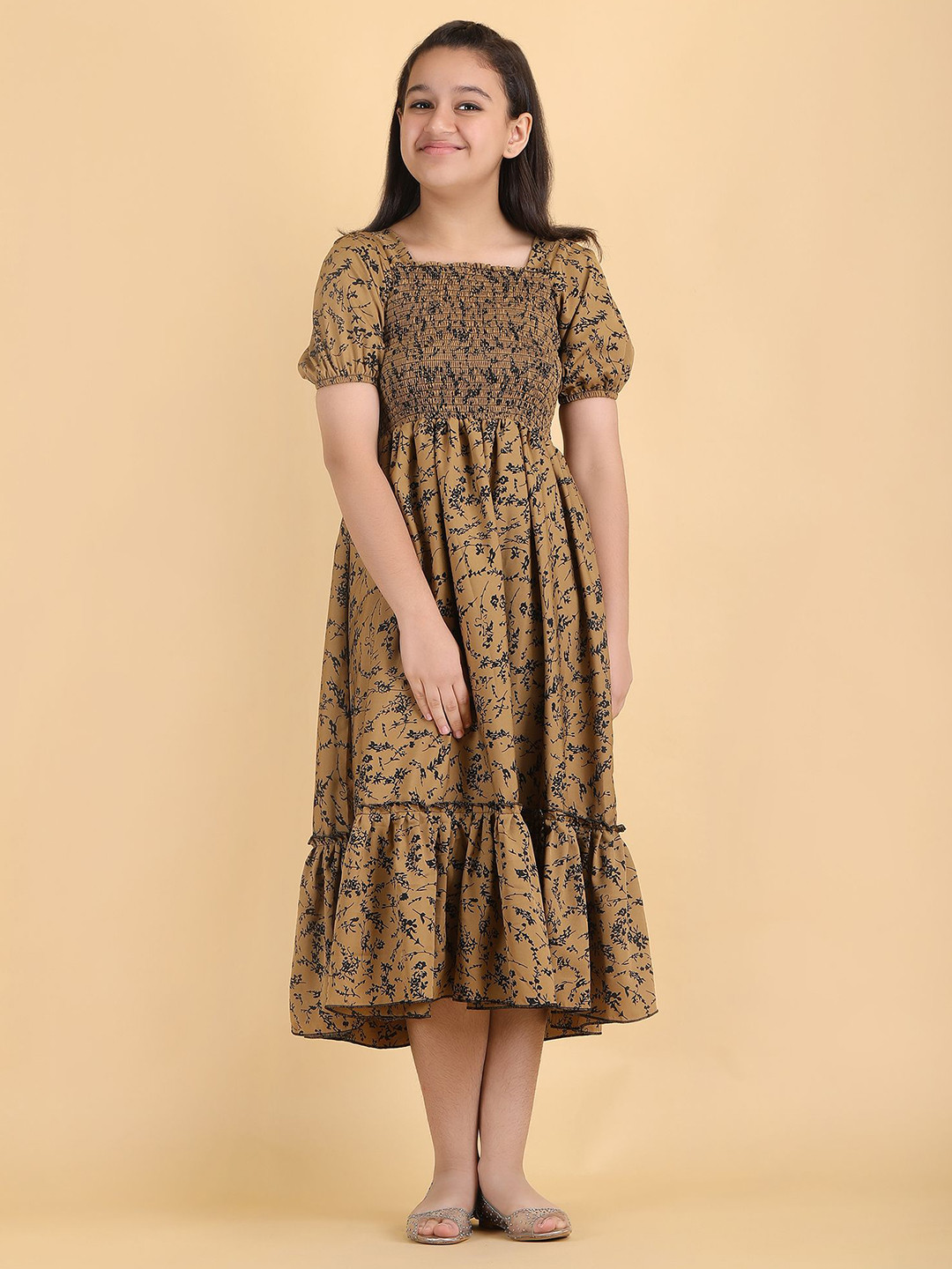 PaheliRani Girls Puff Sleeve Crepe Formal Fit & Flare Dress