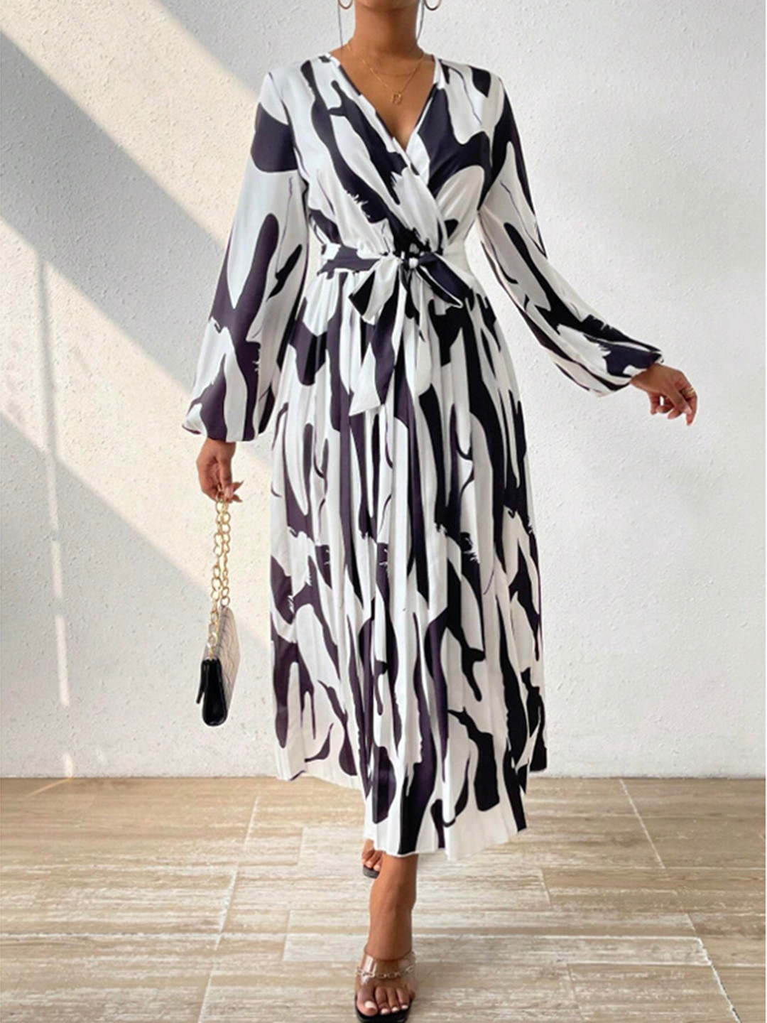 StyleCast Black & White Abstract Printed Tie-Ups Wrap Maxi Dress