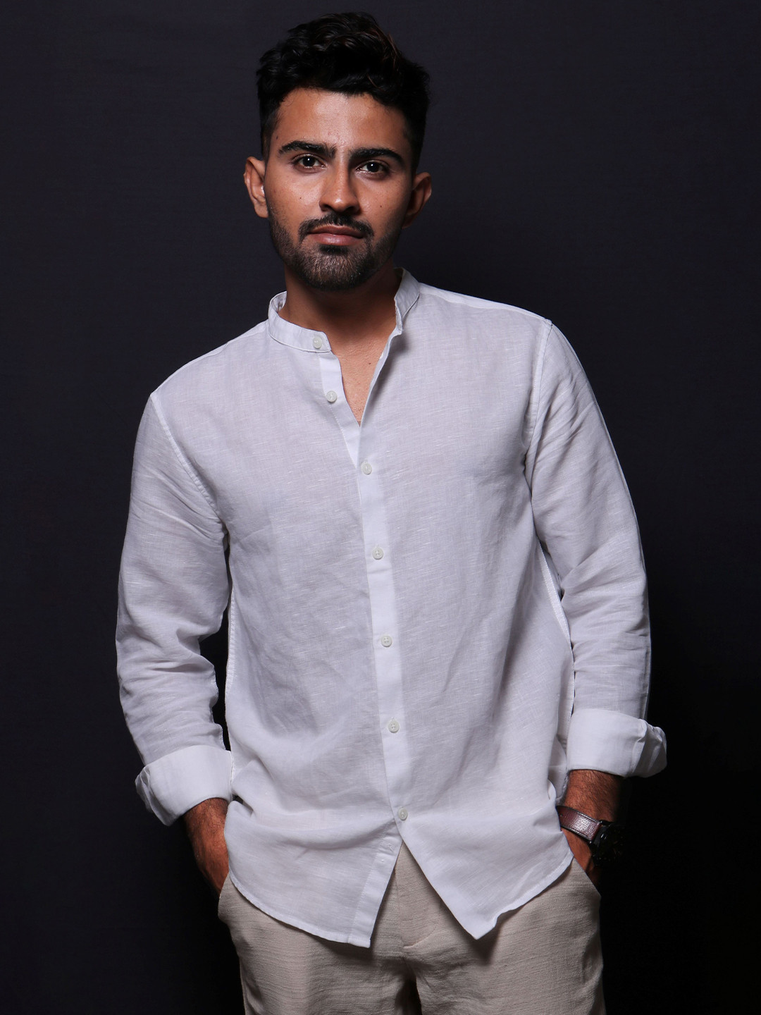 JONESBURG Men Comfort Fit Solid Mandarin Collar Linen Casual Shirt