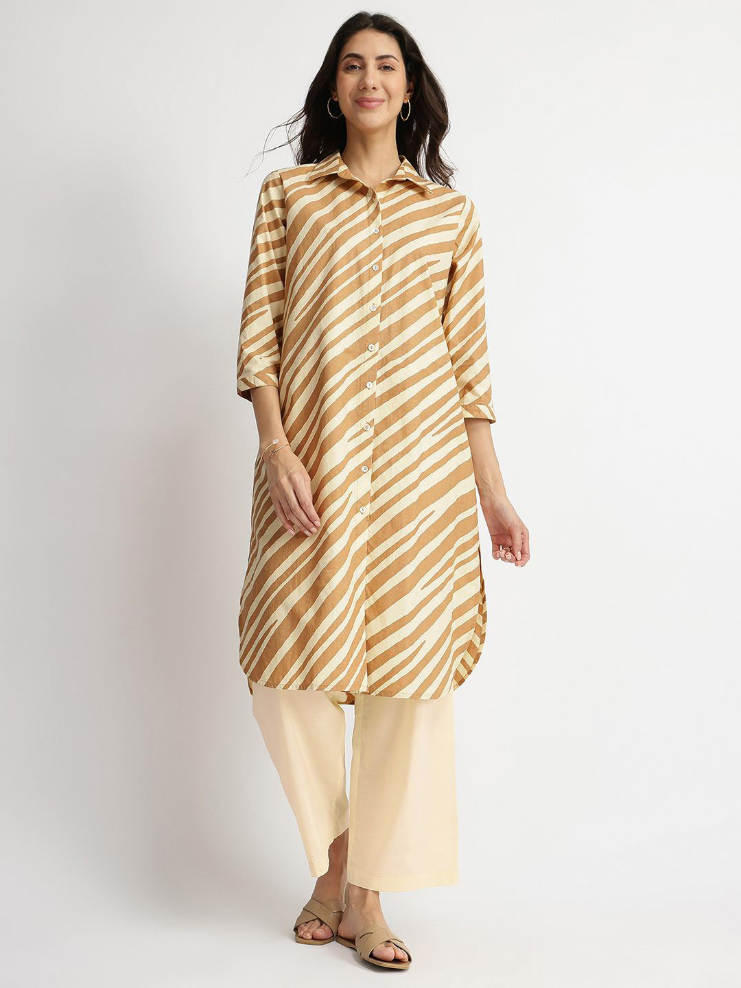 Pink Fort Women Cotton Striped Shirt Kurta Set