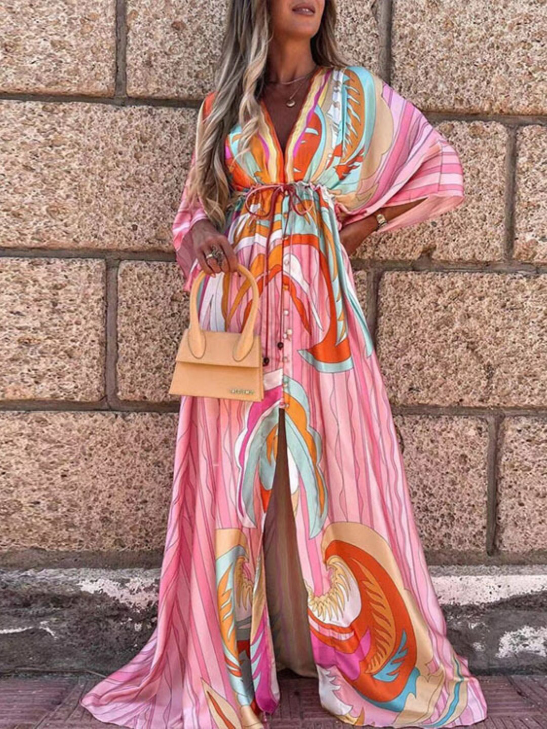 StyleCast Pink Abstract Printed Kimono Sleeves Tie-Ups Maxi Dress