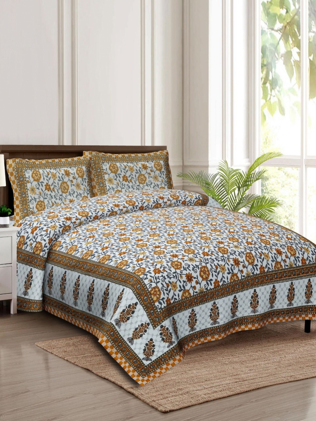 Rudra Bazaar White Floral Cotton 210 TC King Fine Bedsheet with 2 Pillow Covers-108 x 91 inches