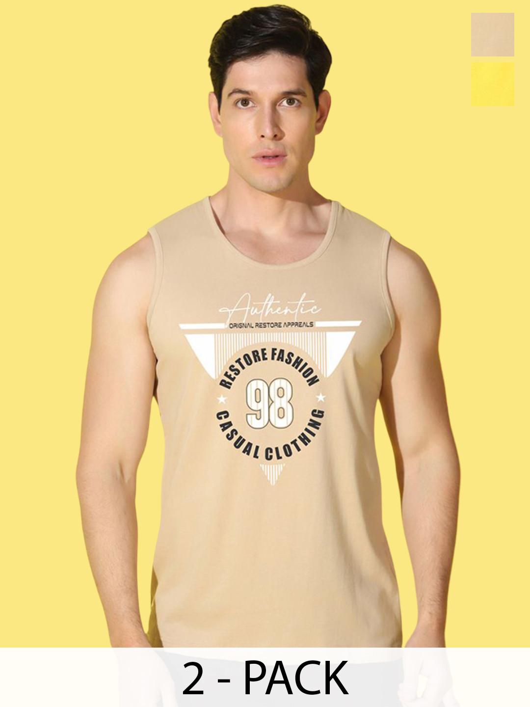 WOOSTRO 2-Pc Printed Odour-Free Cotton Innerwear Vests VWS26(BKLN YELLOW)(98 RUST)