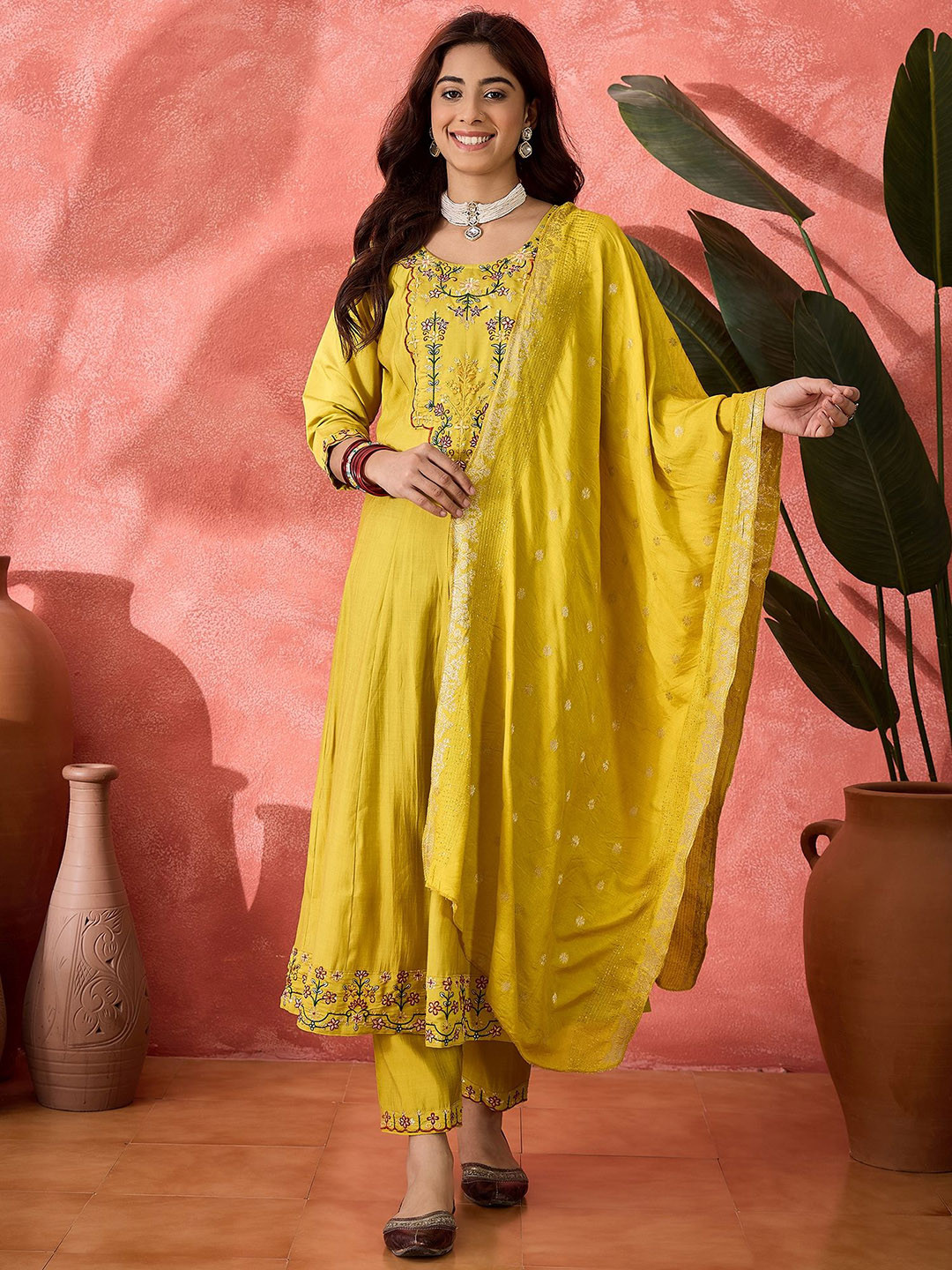 Sangria Floral Yoke Design Thread Work A-Line Straight Kurta With Trouser & Dupatta