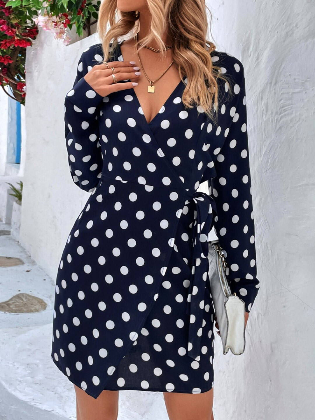 Navy Blue Polka Dots Wrap Dress with Long Sleeves
