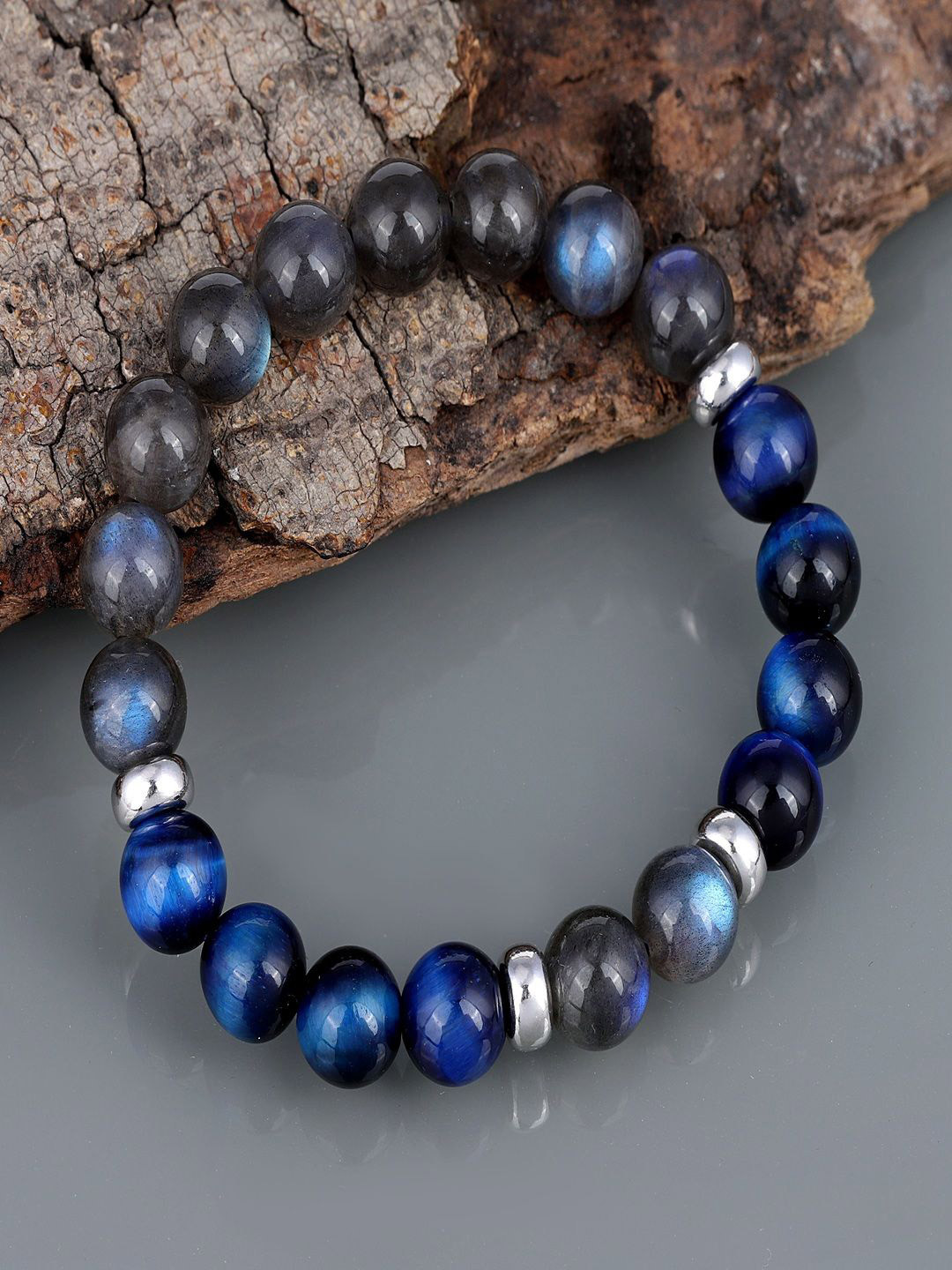 Nirvana Unisex Sterling Silver Rhodium-Plated Labradorite Tiger's Eye Elasticated Bracelet