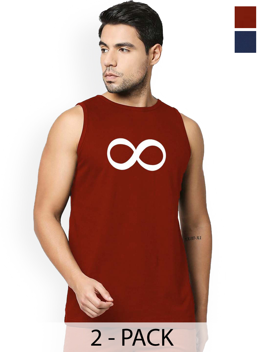 Organic Chics Pack Of 2 Printed Cotton Tank Vests Navy Avenger-Maroon Infinity _S