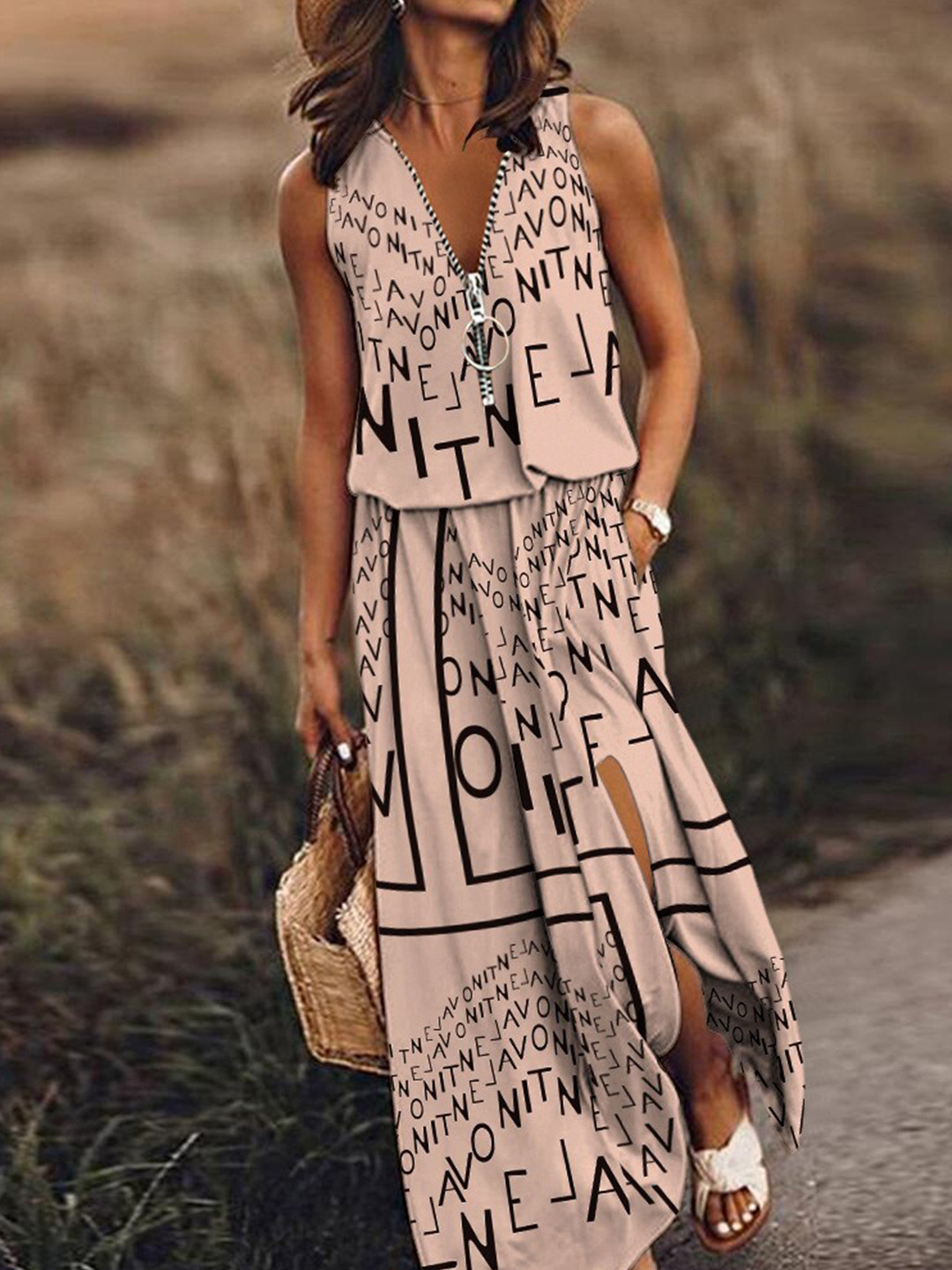 StyleCast Peach Coloured & Black Print Maxi Dress