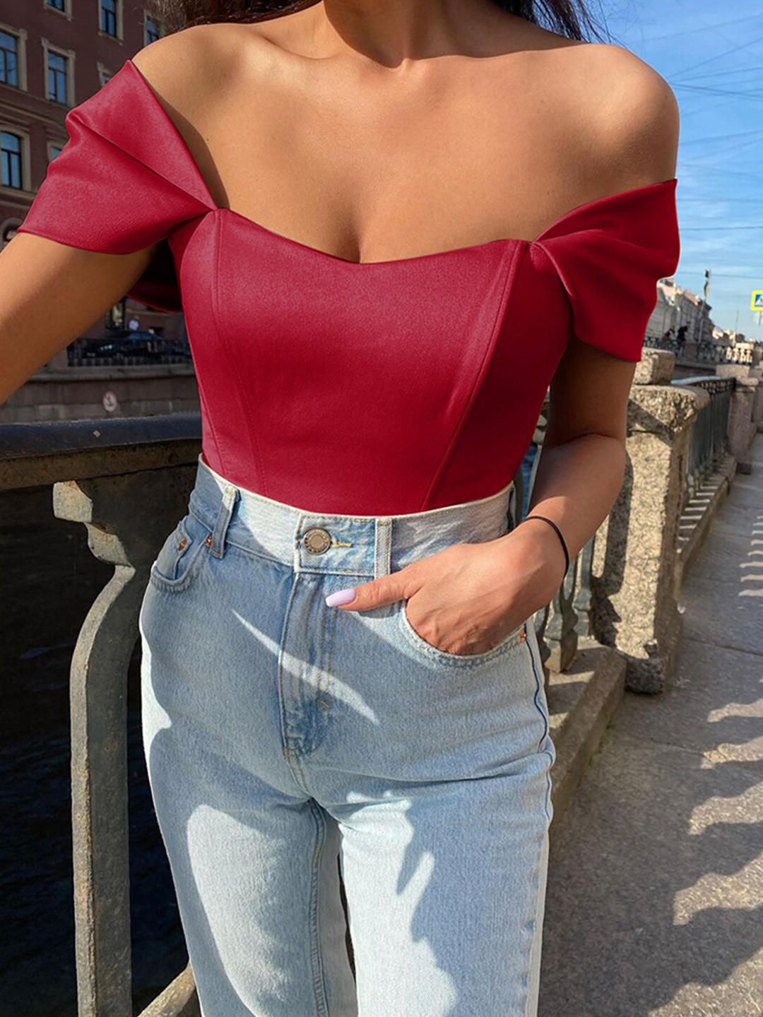 StyleCast Red Off-Shoulder Bardot Top