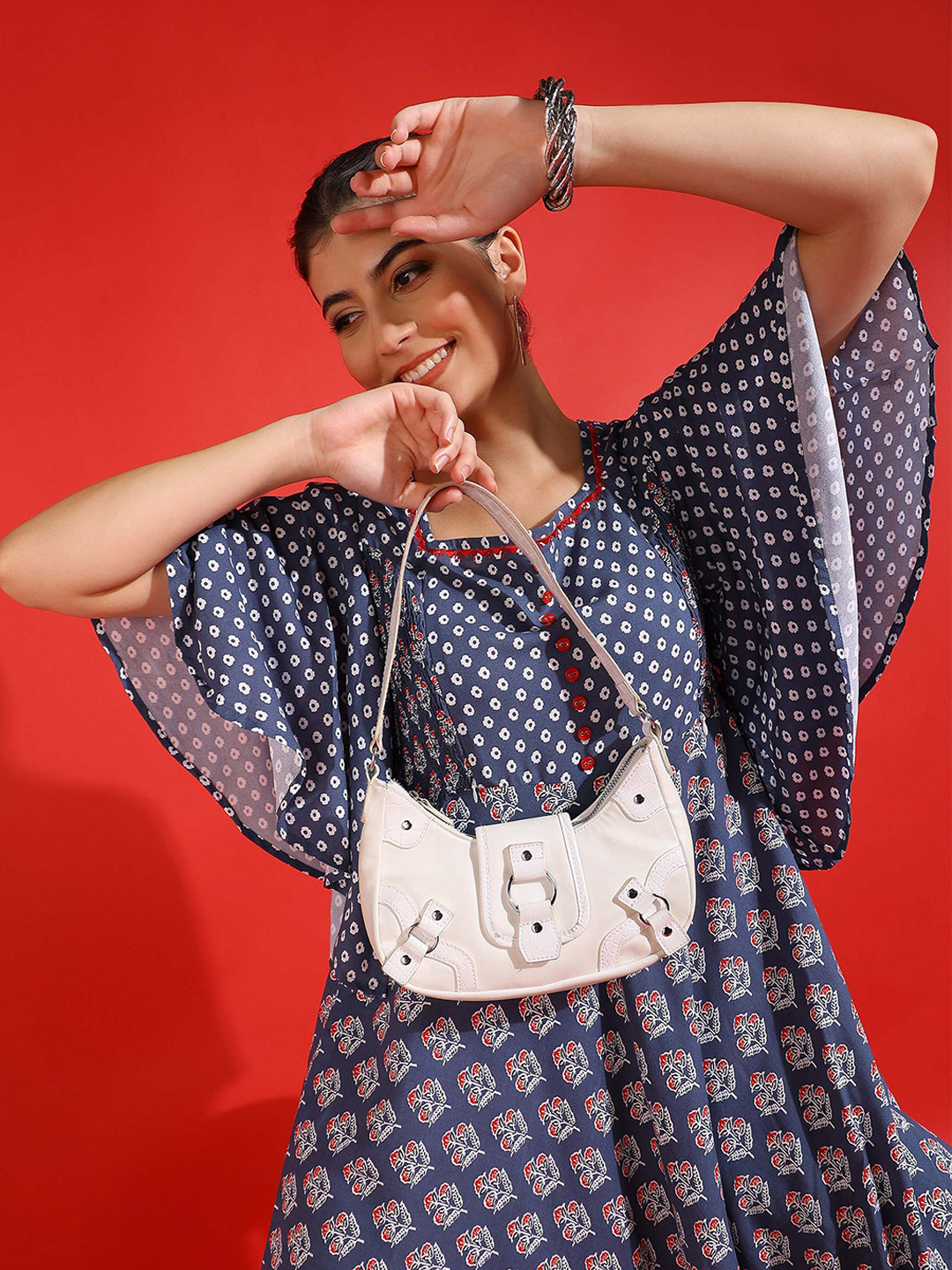 IKRASS Women Floral Print Kimoino Sleeve Fit & Flare Midi Dress