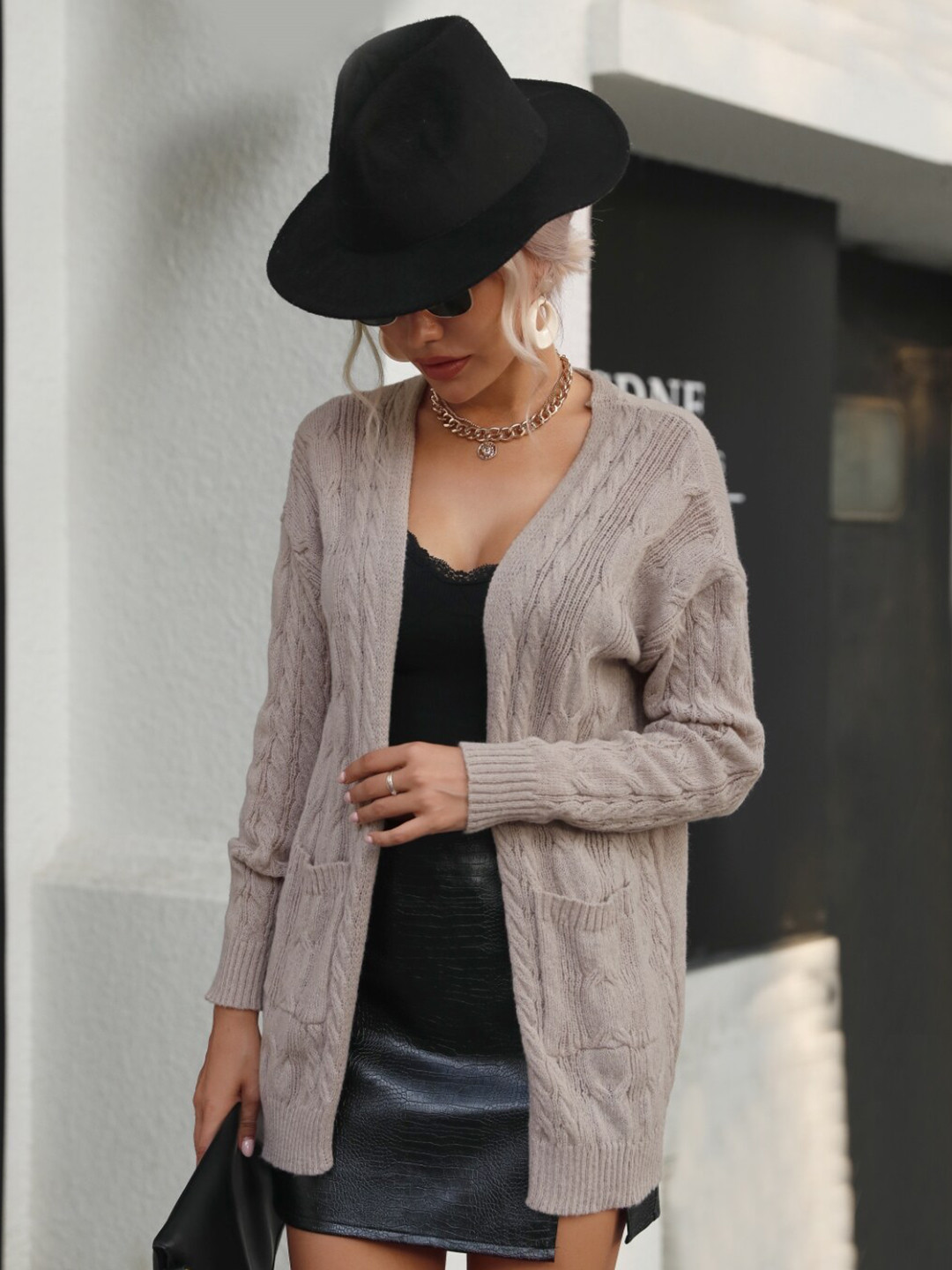 StyleCast Beige Self Designed V-Neck Cardigan