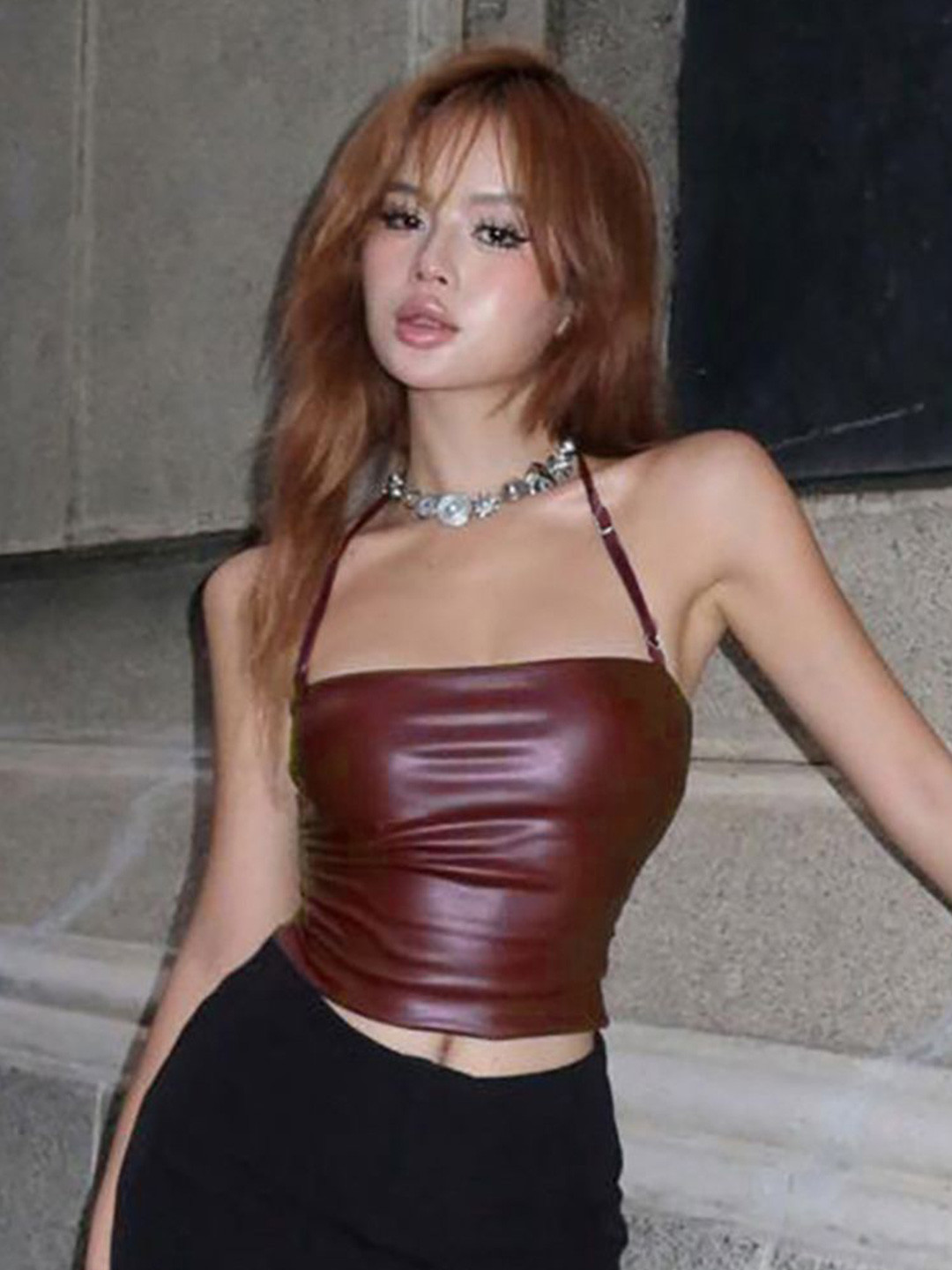 StyleCast x Revolte Women Halter Neck PU Coated Tube Crop Top