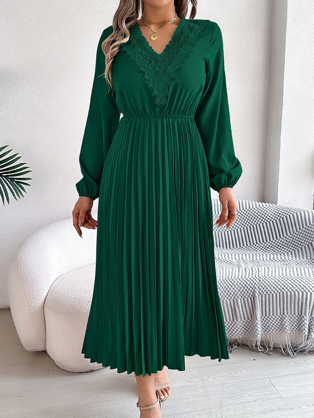 Green Self Design Long Sleeve Midi Fit & Flare Dress