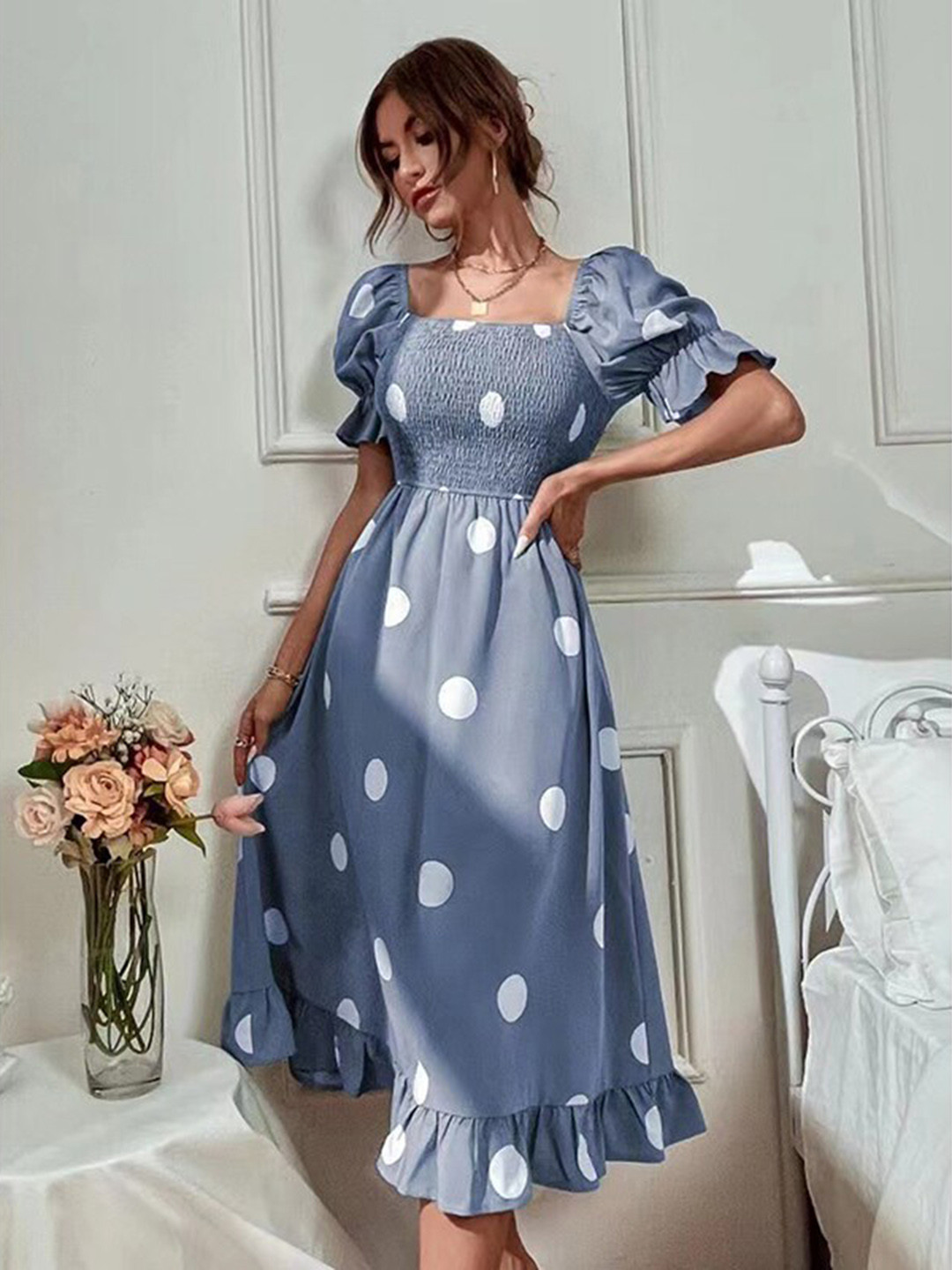 StyleCast Blue Polka Dot Puff Sleeve Midi Dress