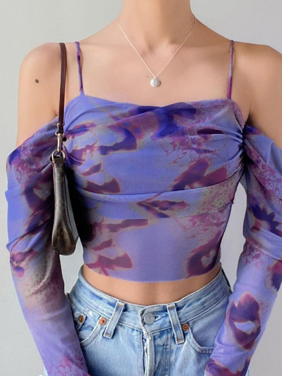 StyleCast Womeen Printed Cold-Shoulder Sleeves Crop Top