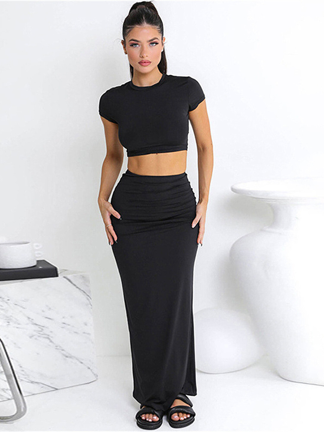 LULU & SKY Round-Neck Crop Top With Maxi Skirt Co-Ords
