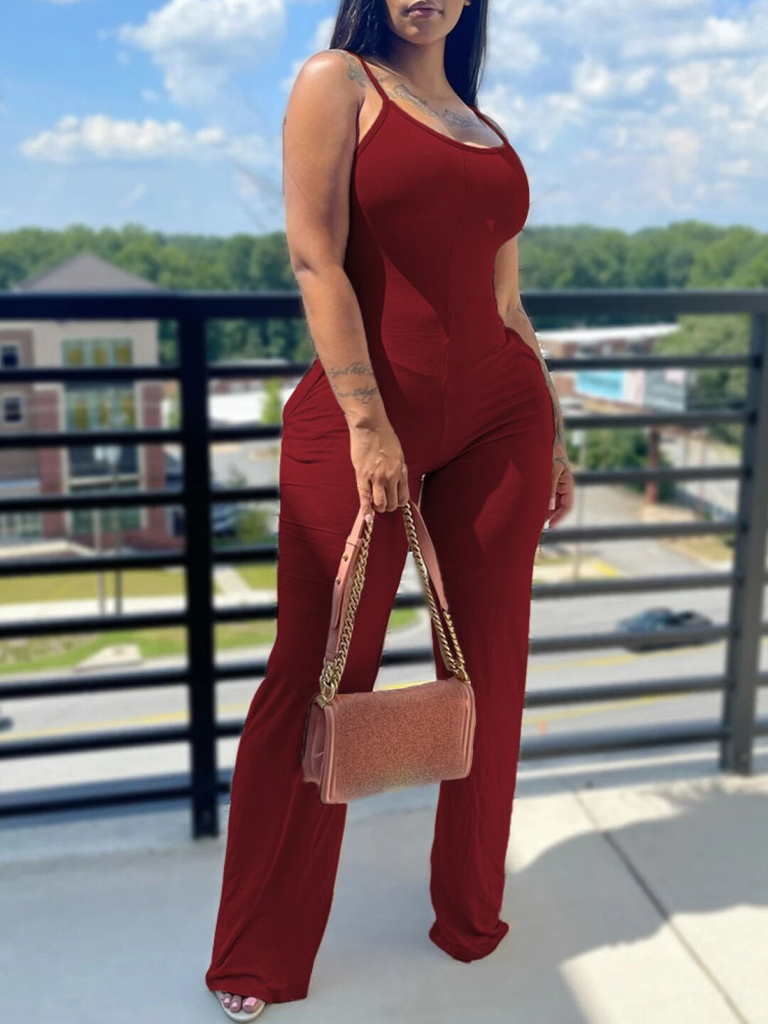 StyleCast Maroon Shoulder Straps Basic Jumpsuit