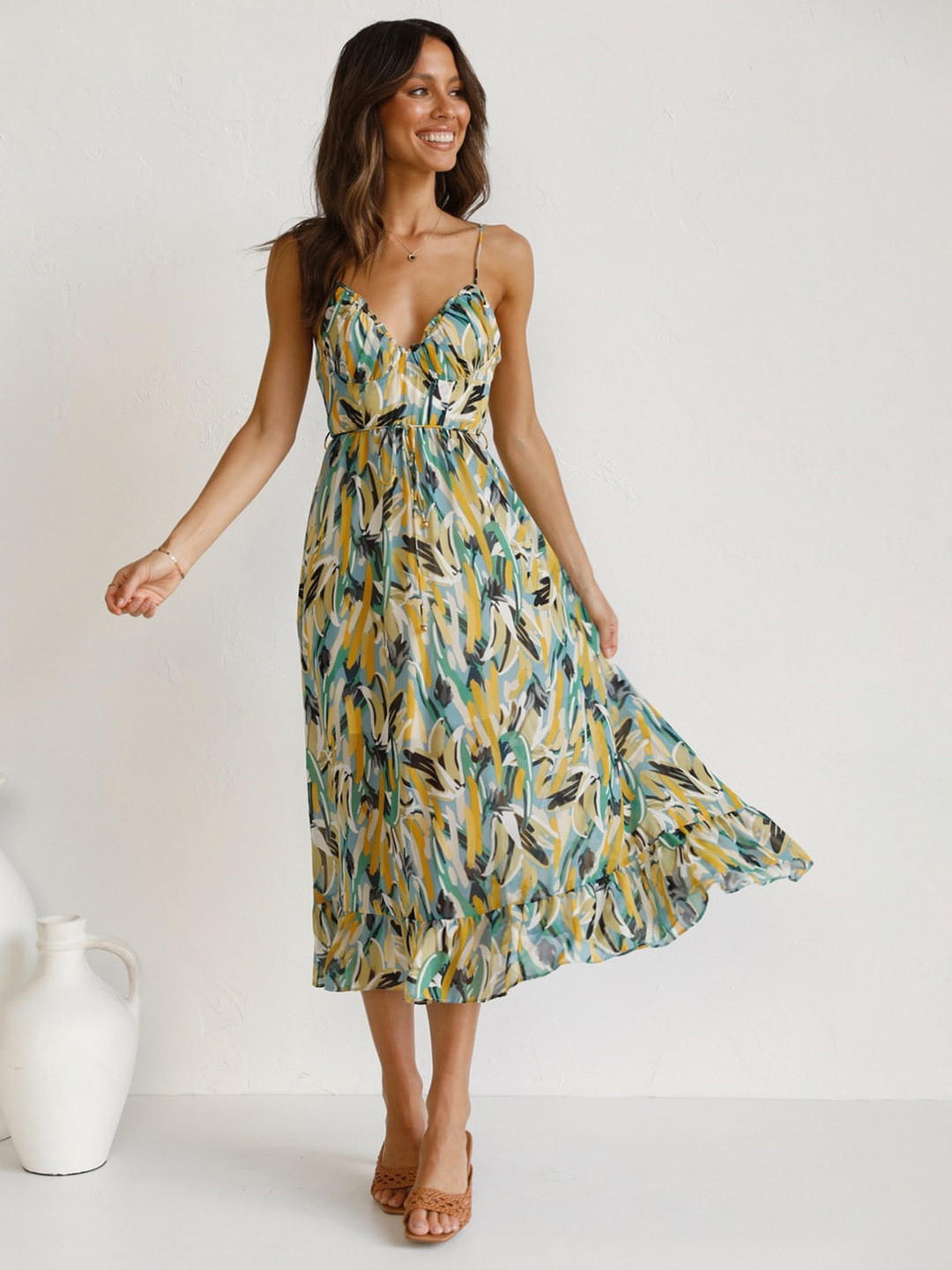 StyleCast Green & Blue Abstract Print Empire Midi Dress