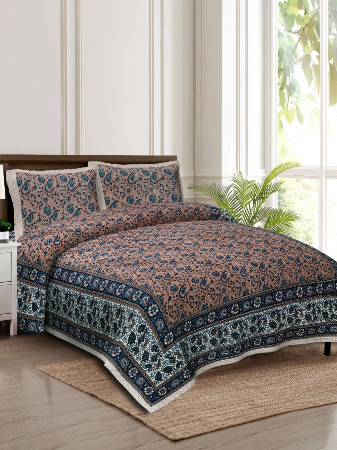 Rudra Bazaar White Paisley Cotton 210 TC King Fine Bedsheet with 2 Pillow Covers-275 x 230 cm