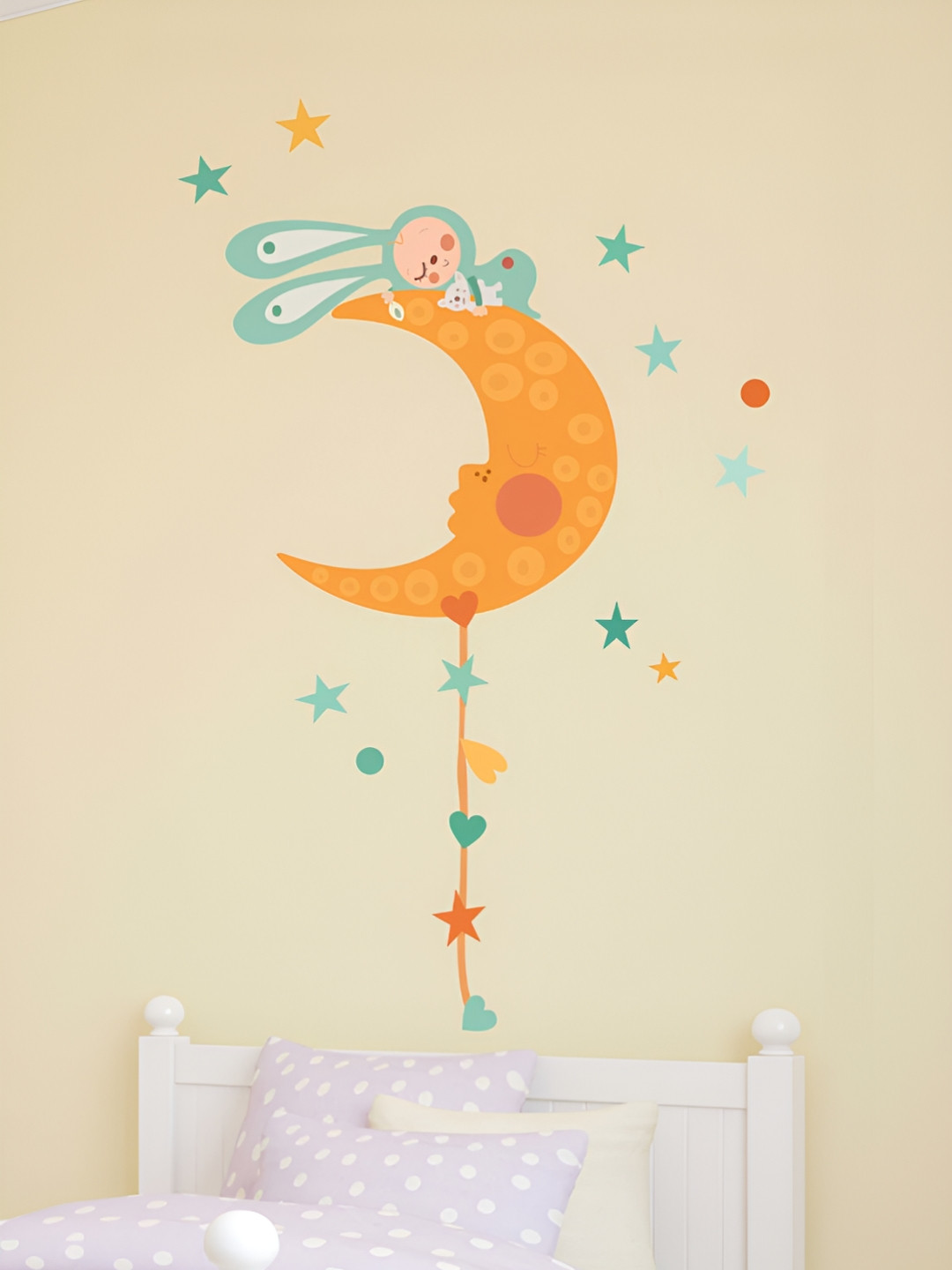 LANSTICK Blue & Orange-Coloured Cute Bunny Sleeping Printed Self-Adhesive WallStickers
