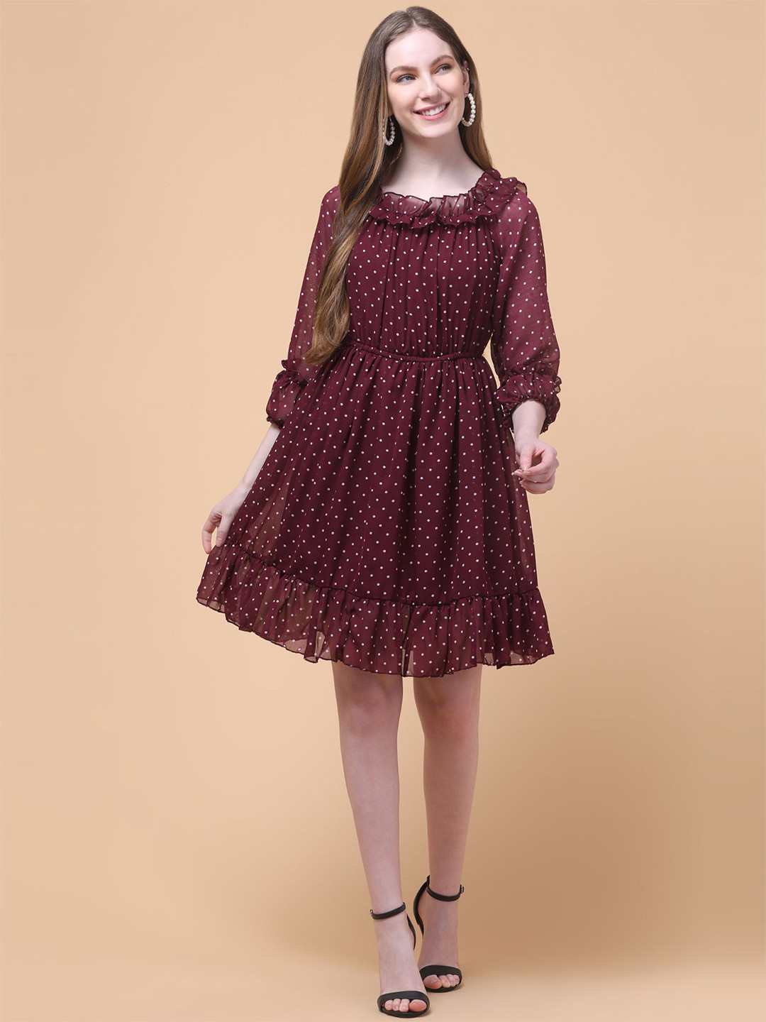 Charitra Polka Dot Off-Shoulder Bishop Sleeve Georgette A-Line Dress