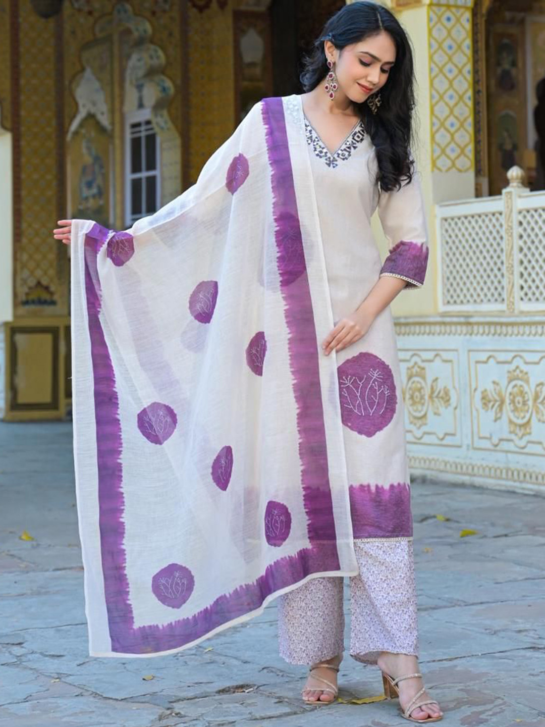 AUTUMN LANE Bhakti Orchid Printed Mirror Work Pure Cotton Kurta With Trousers & Dupatta