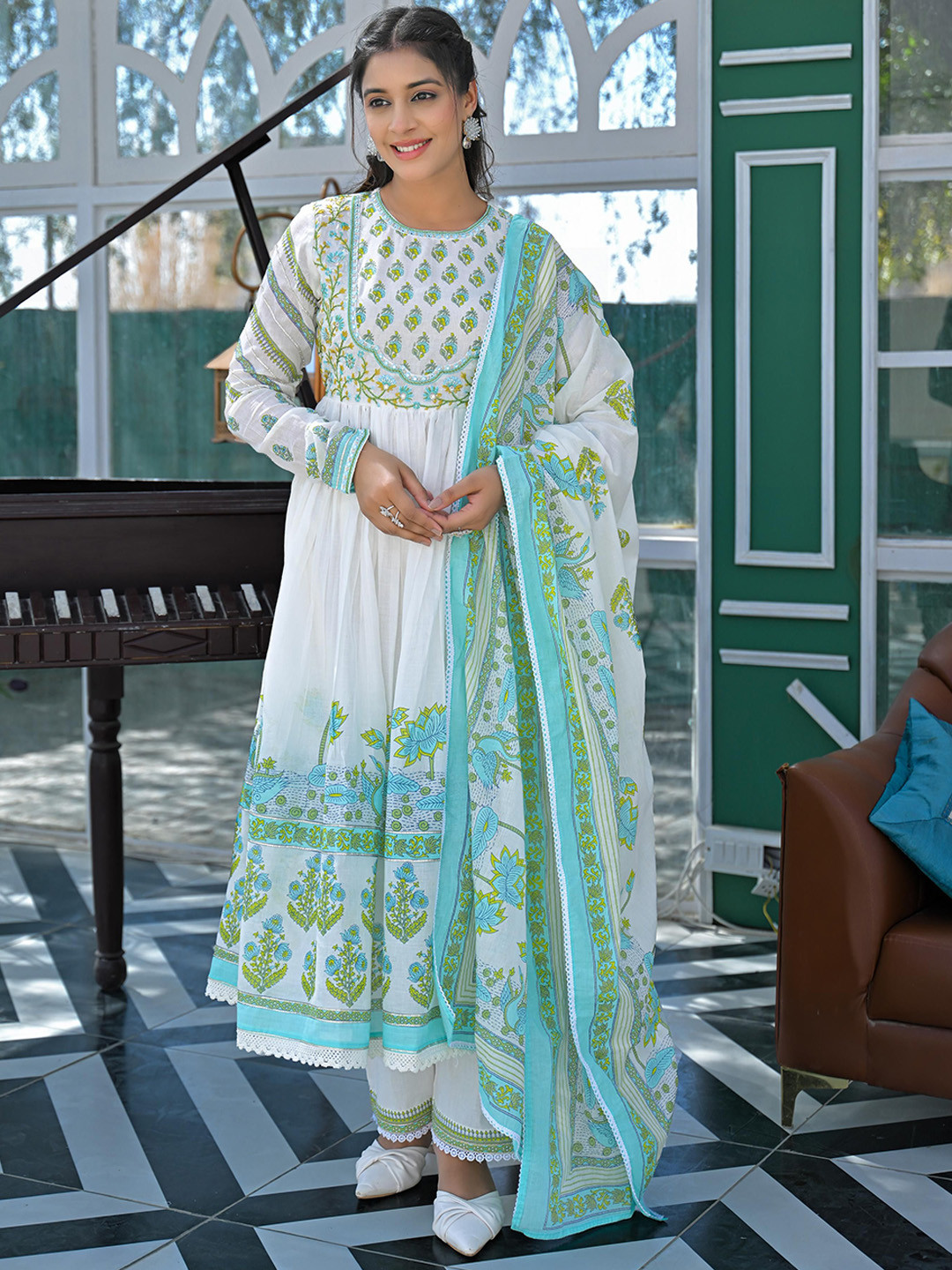 AUTUMN LANE Lakshita Arctic Floral Printed Pure Cotton Kurta With Trouser & Dupatta