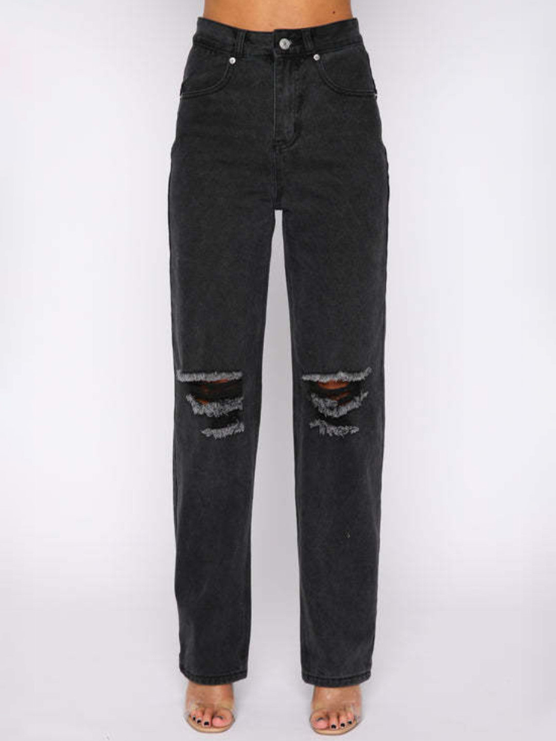 StyleCast Women Straight Fit High-Rise Slash Knee Dark Shade Jeans